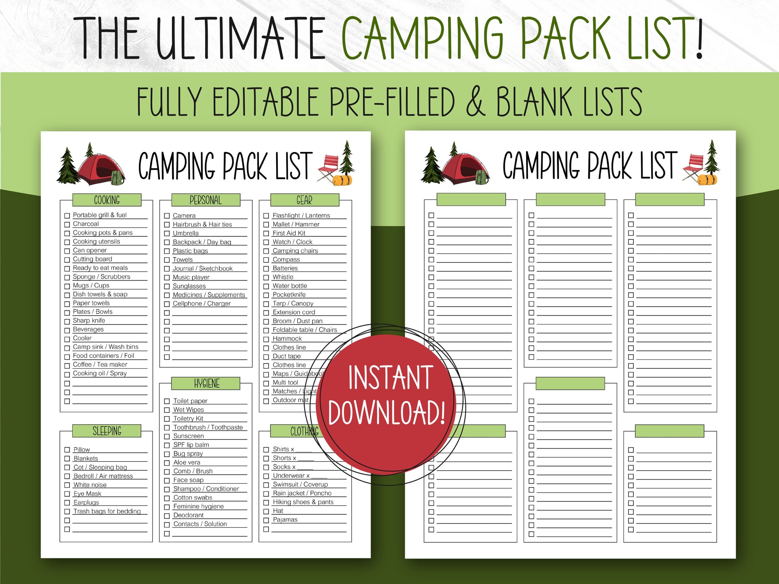 Camping Packing List EDITABLE PRINTABLE Packing List Template 
