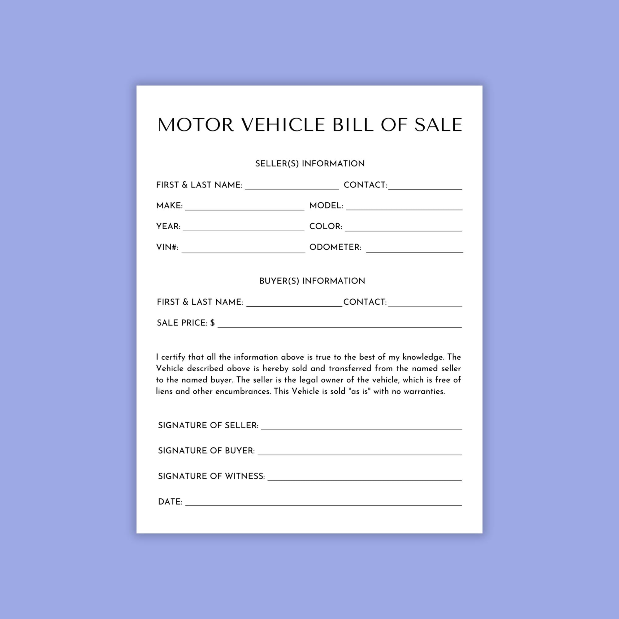 Car Bill Of Sale Etsy Singapore