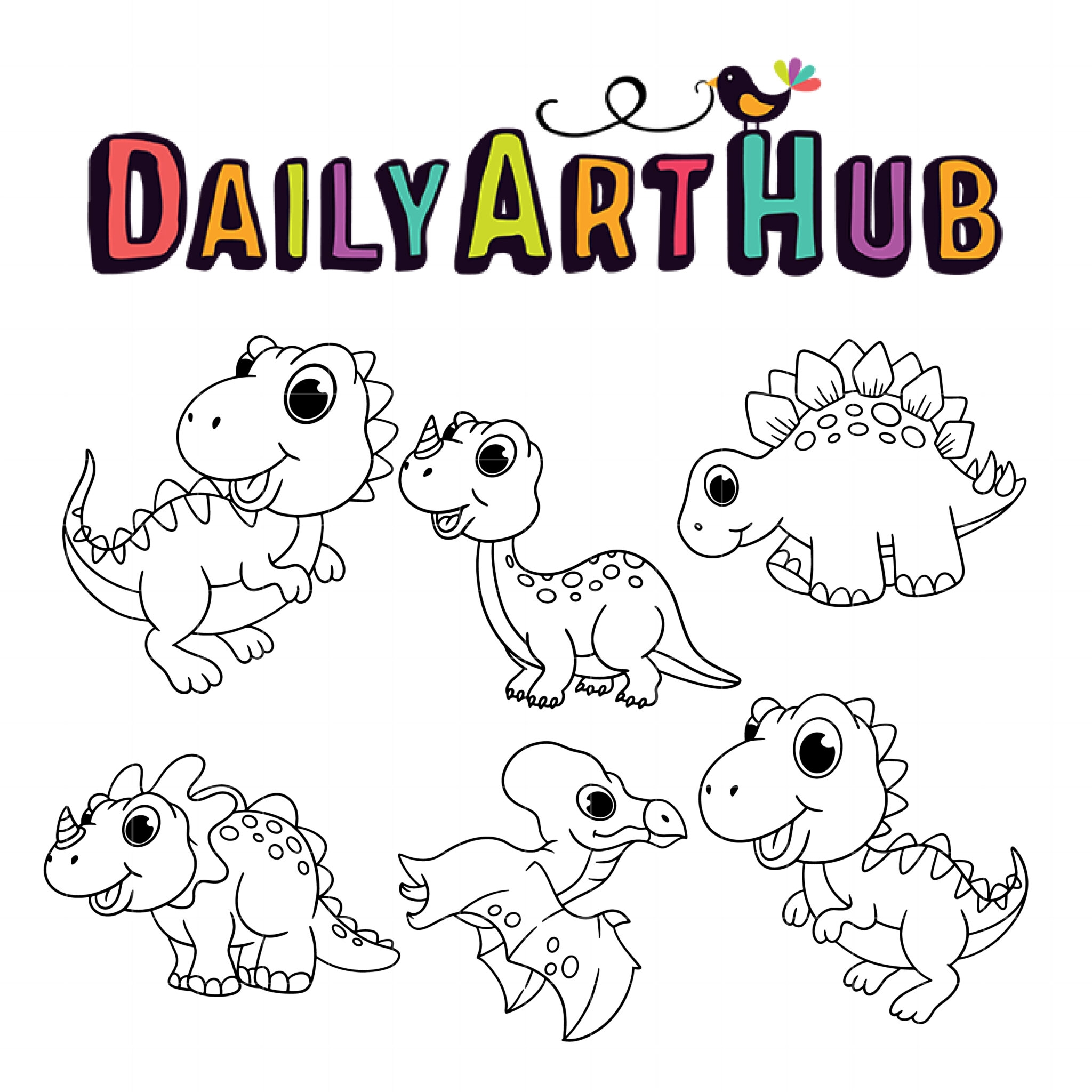 Cute Dinosaur Outline Drawing Clip Art Set