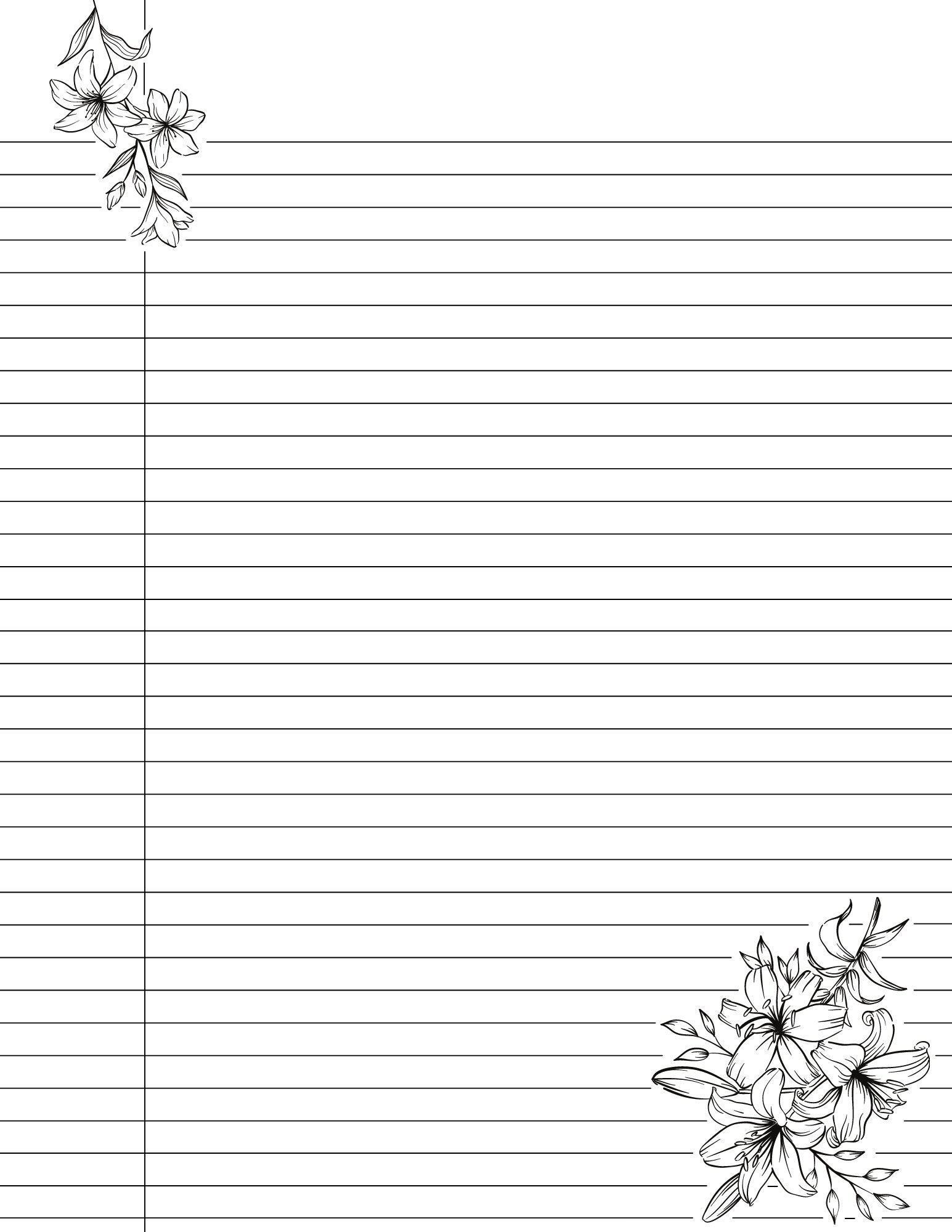 Cute Printable College Ruled Lined Notebook Paper With Margins Floral Lily Flower Design Double Sided Black U0026 White Easy Download Etsy