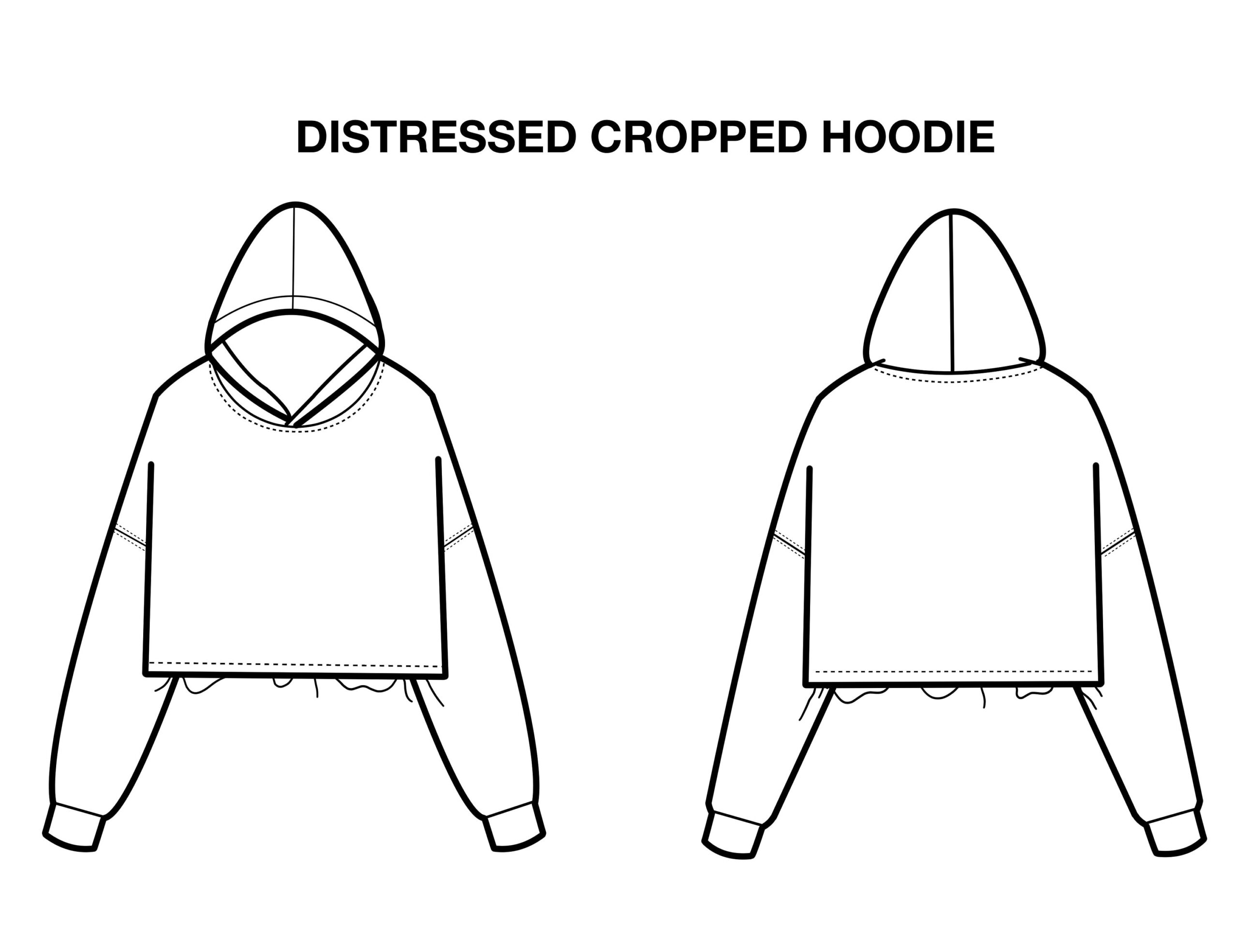 Distressed Cropped Hoodie Flat Technical Drawing Illustration Blank Streetwear Mock up Template For Design And Tech Packs