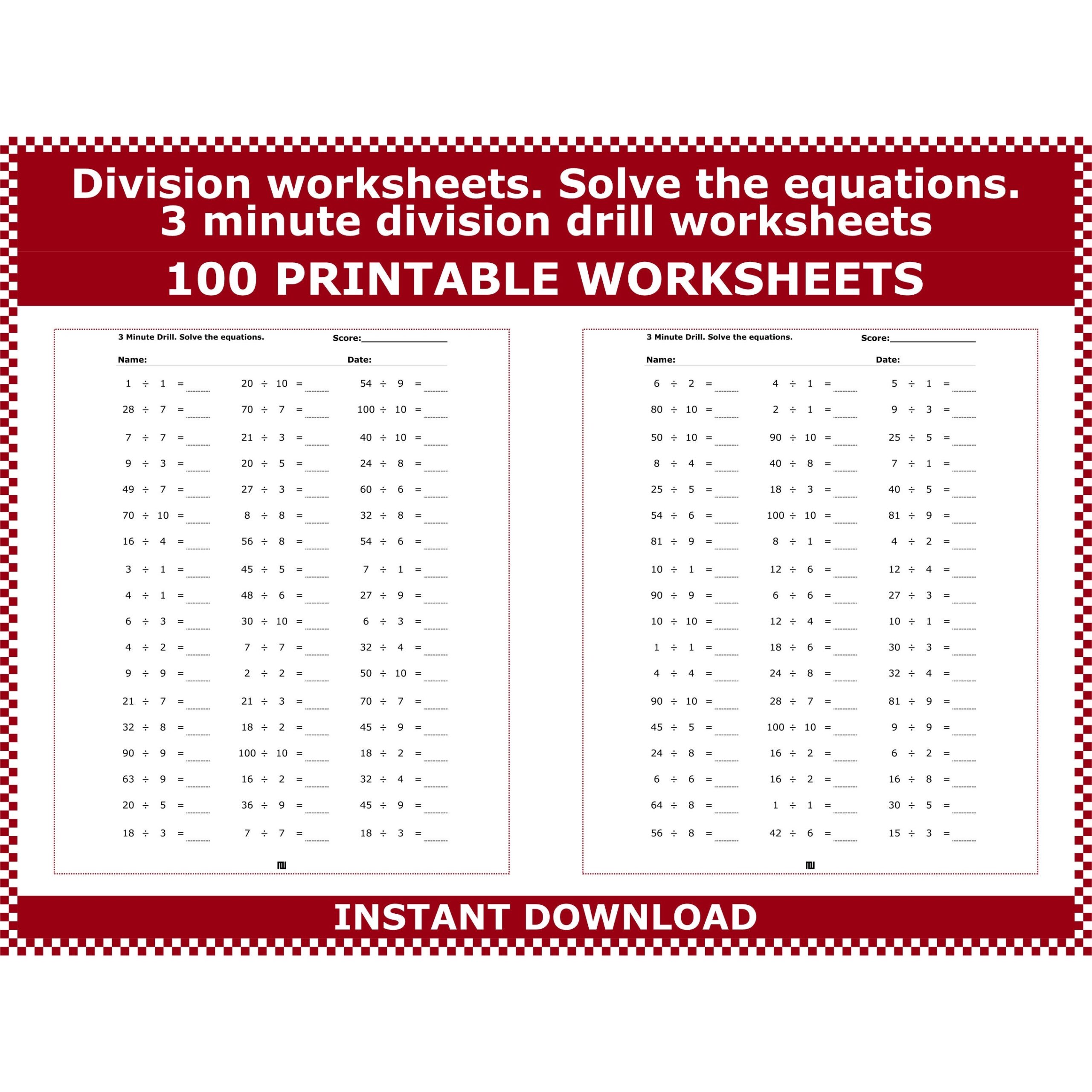 Division Worksheets Solve The Equations 3 Minute Division Drill 