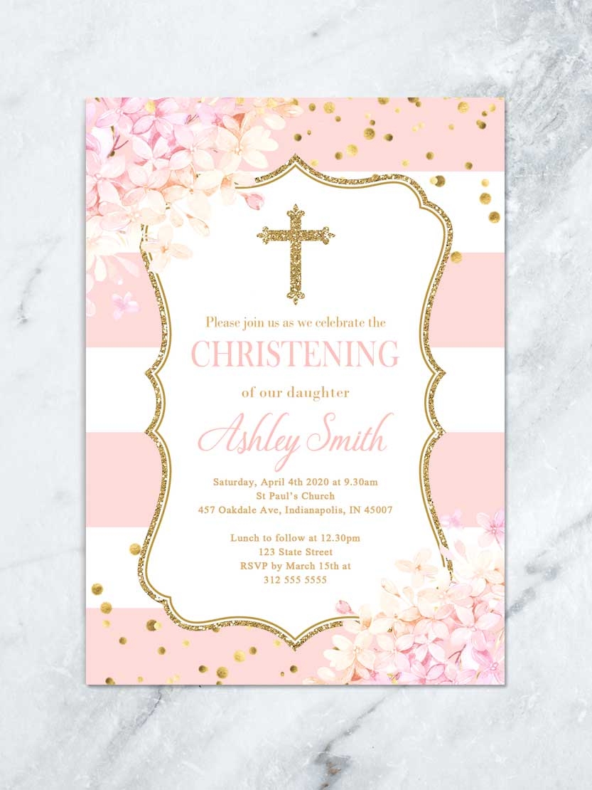 Floral Girl Christening Or Baptism Invitation Printable First Holy Communion Pink And Gold Invite TDA Party On Paper