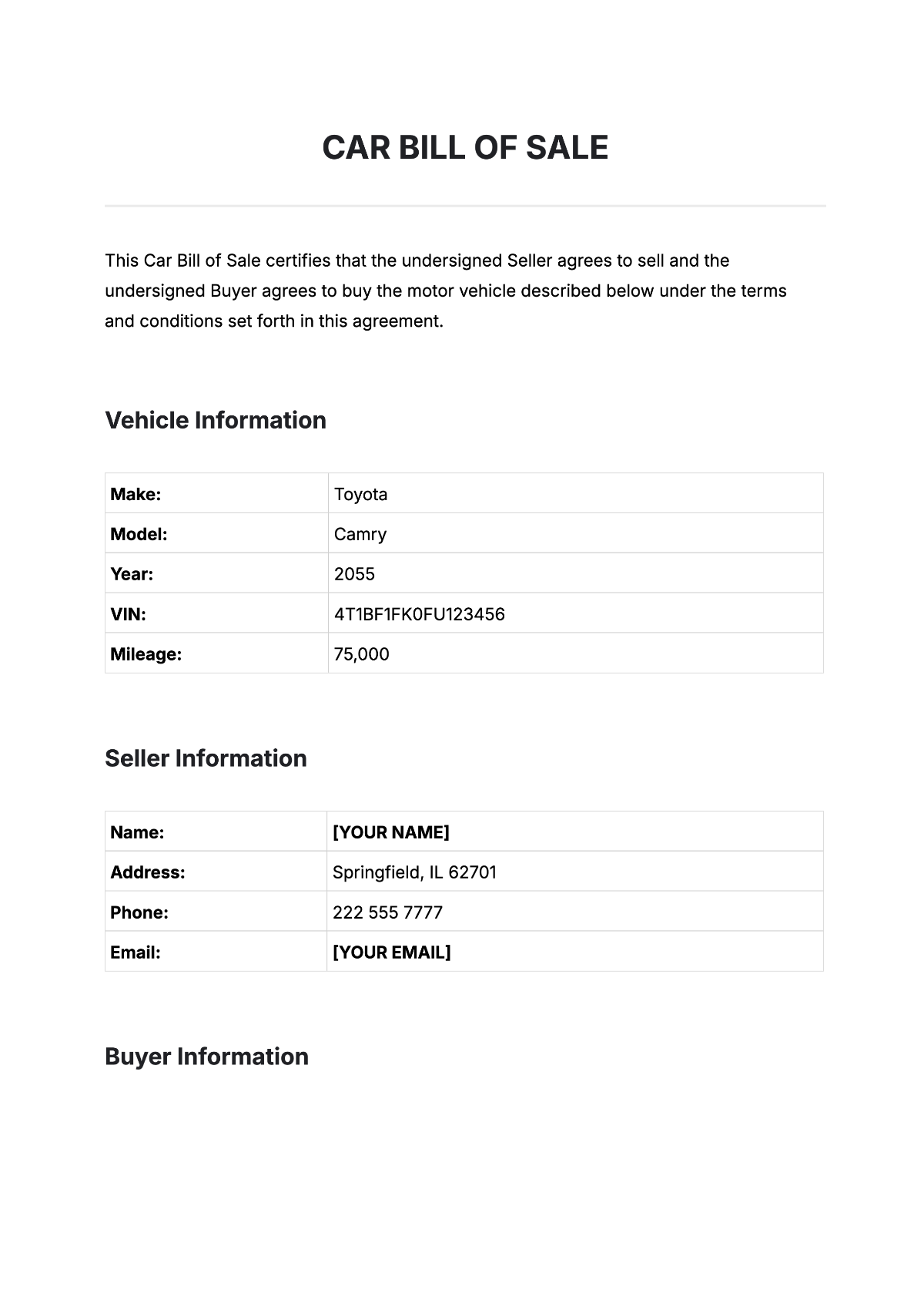 blank printable bill of sale for car