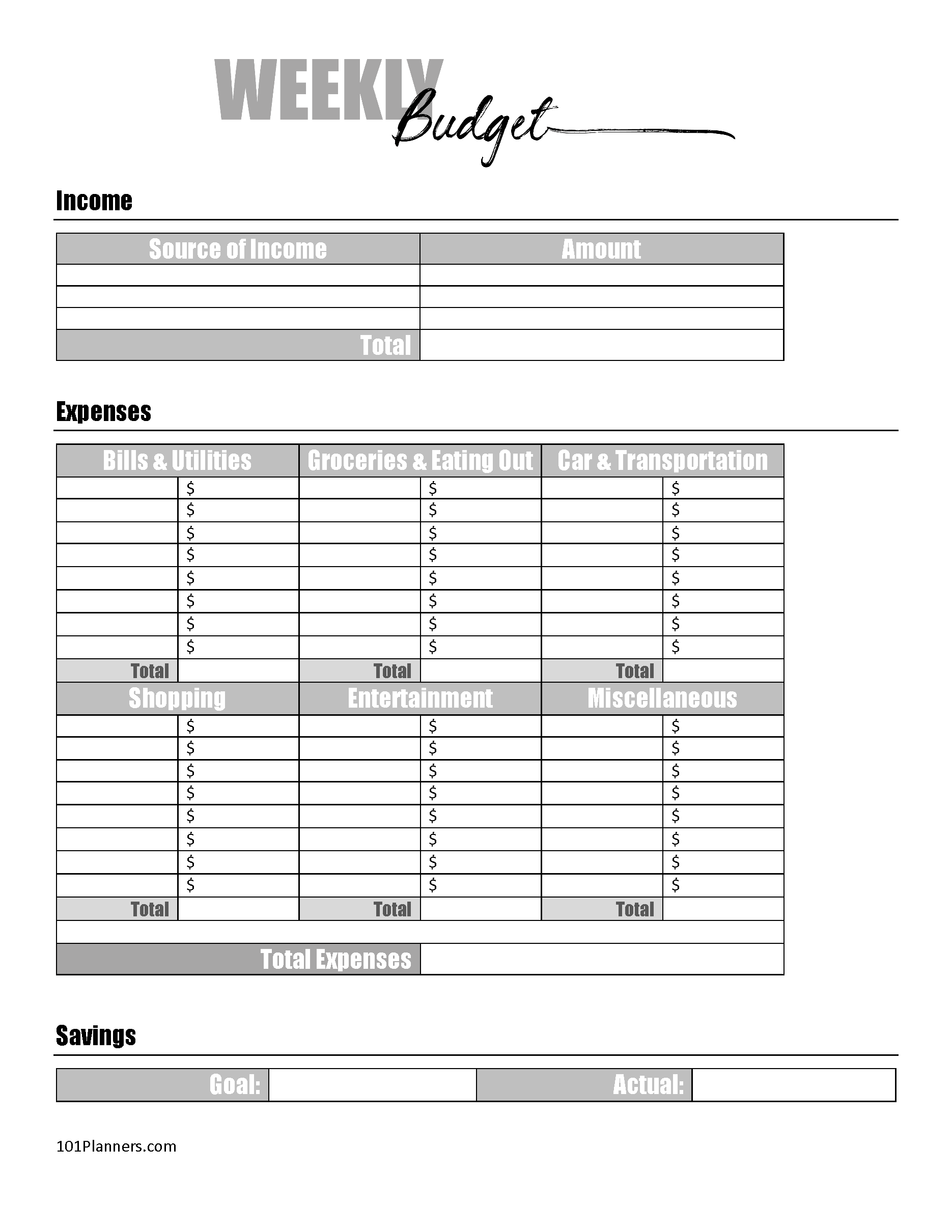 Weekly Budget Sheet Printable