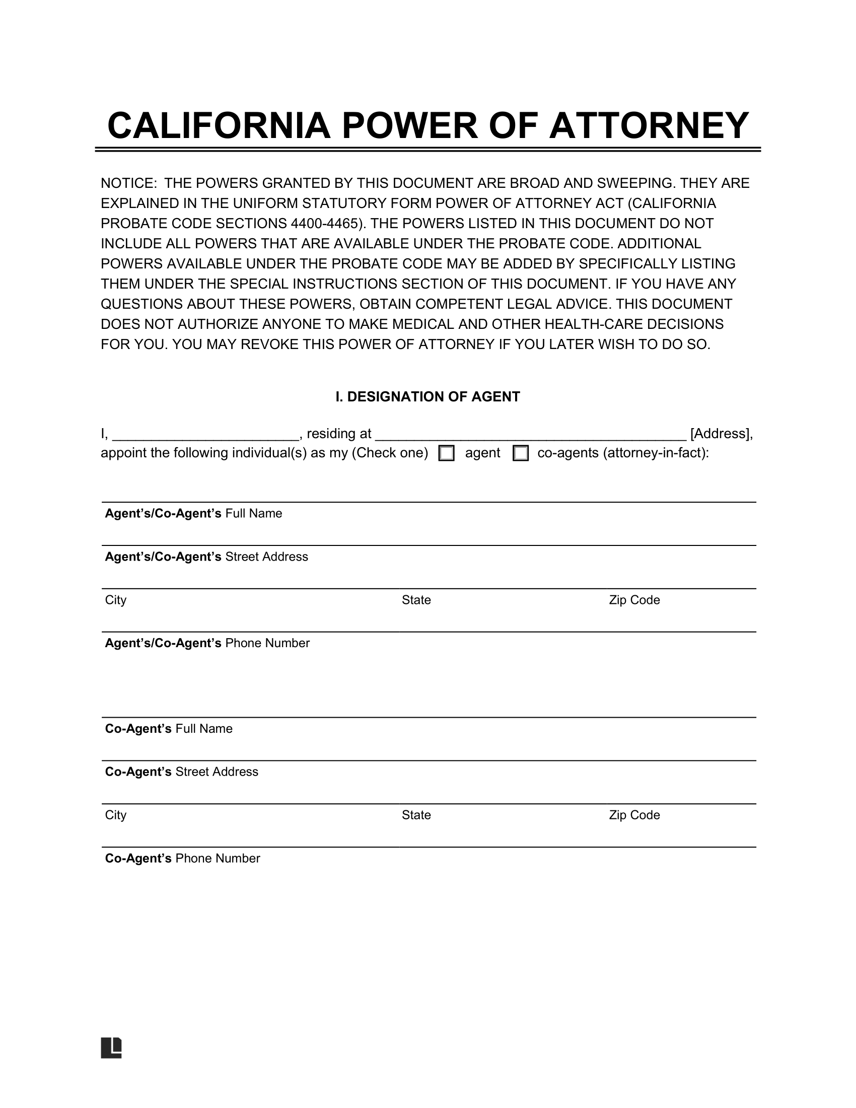 Printable Power Of Attorney Form California
