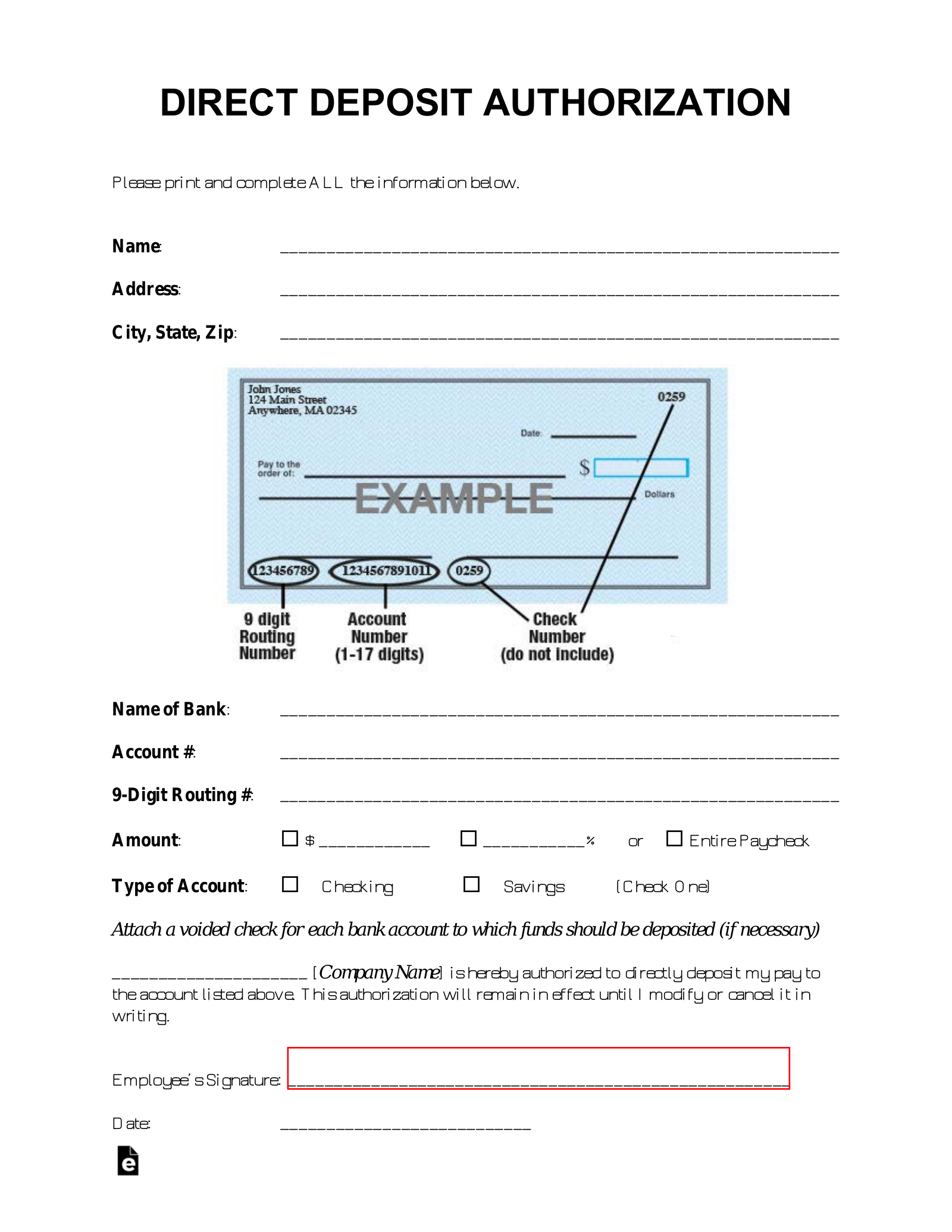 Free Printable Direct Deposit Form Pdf