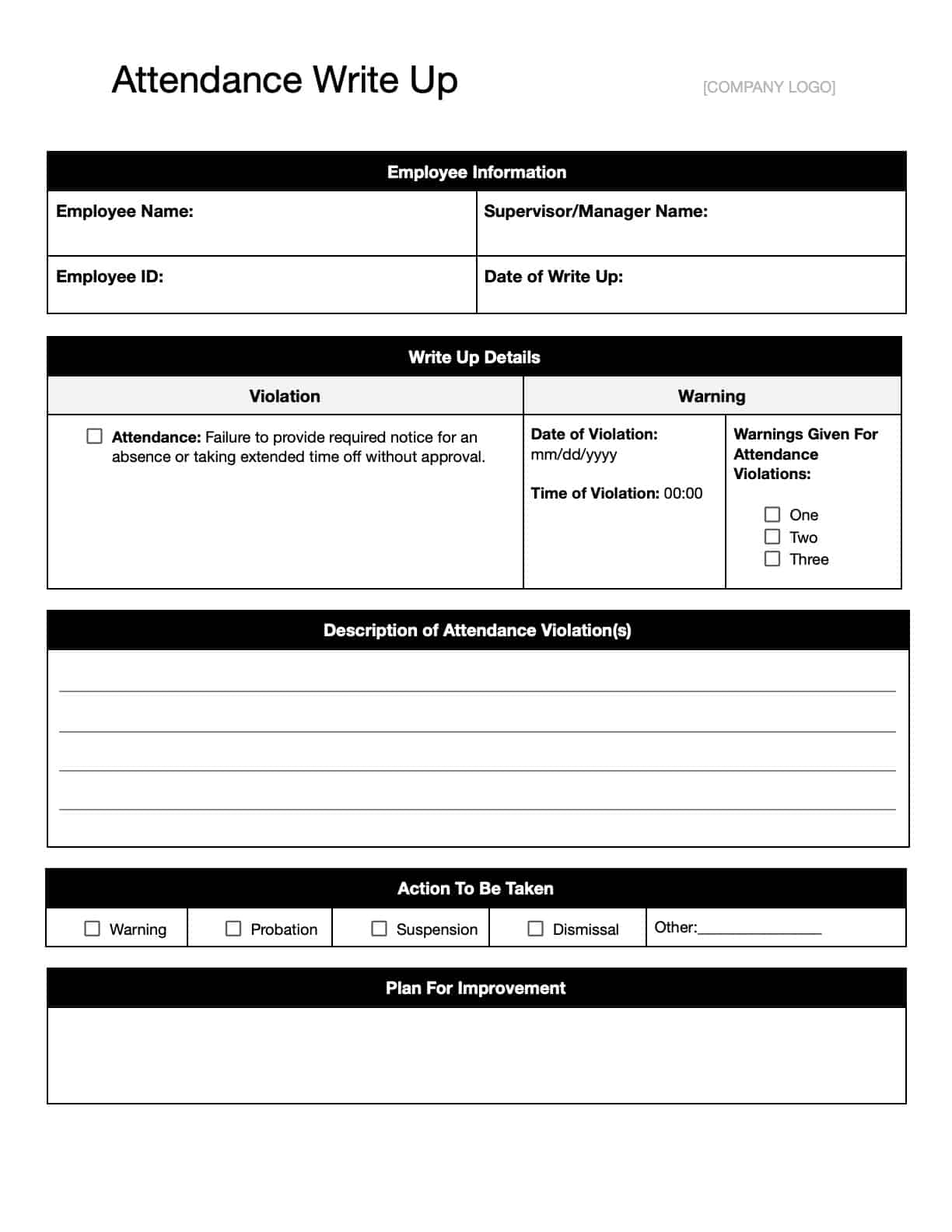 Printable Write Up Form