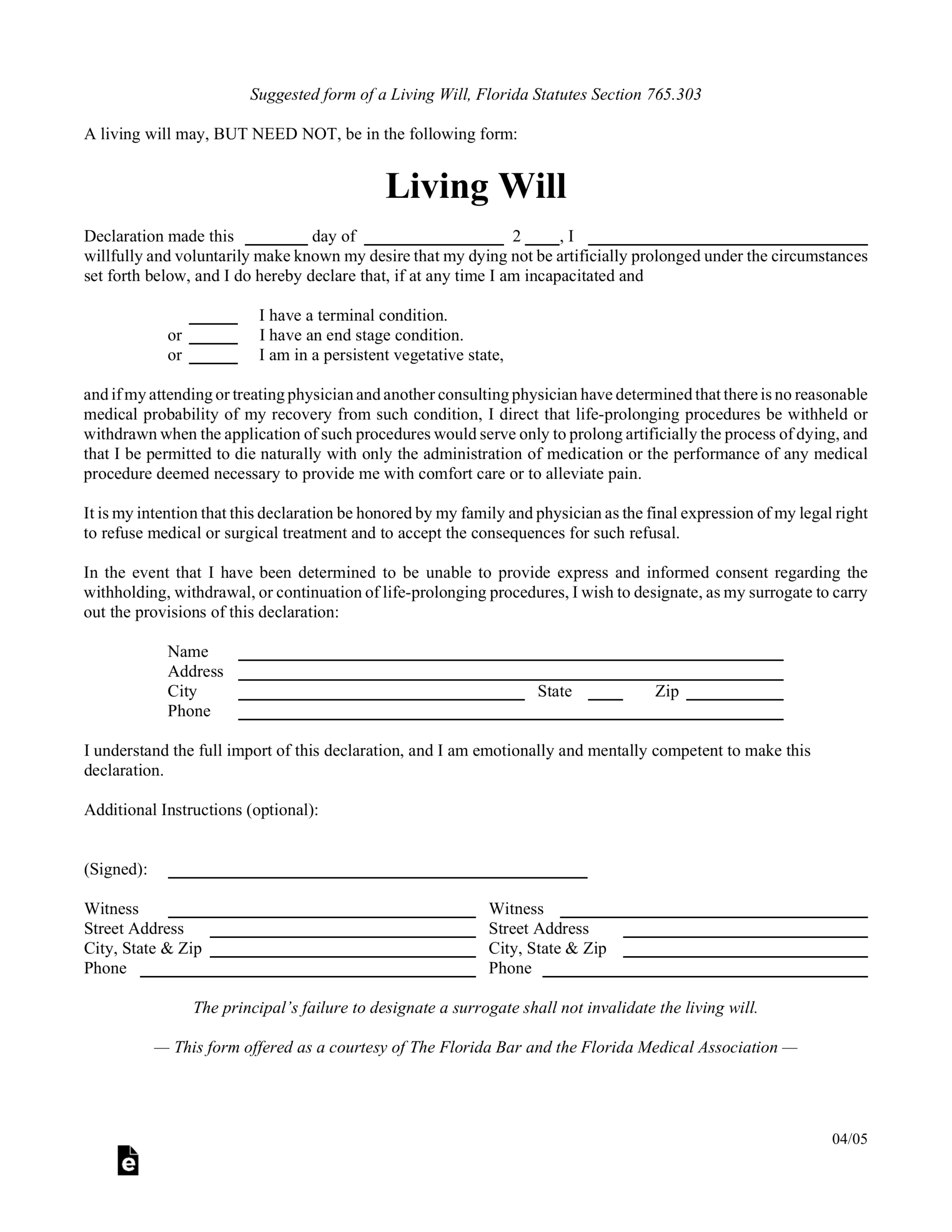 printable living will sample