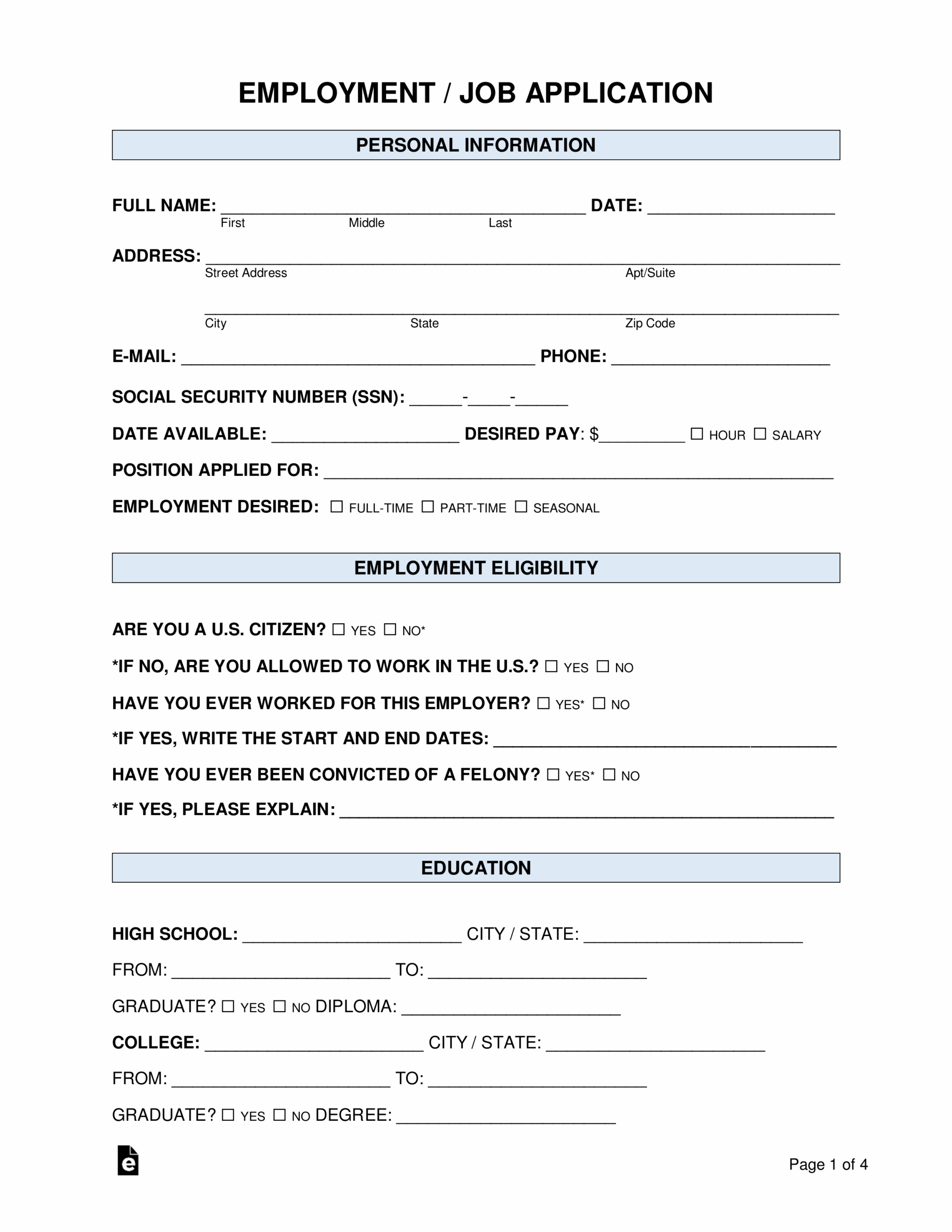 Generic Application For Employment Printable