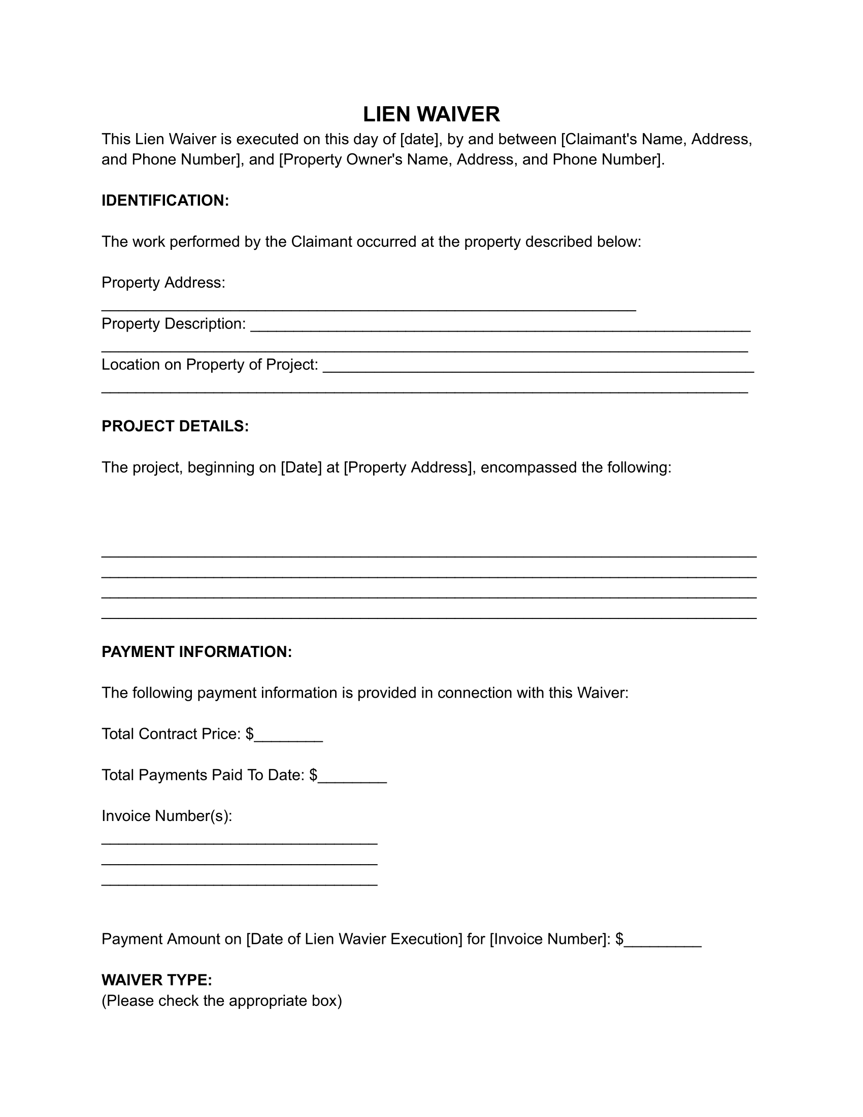 Generic Printable Lien Waiver Form