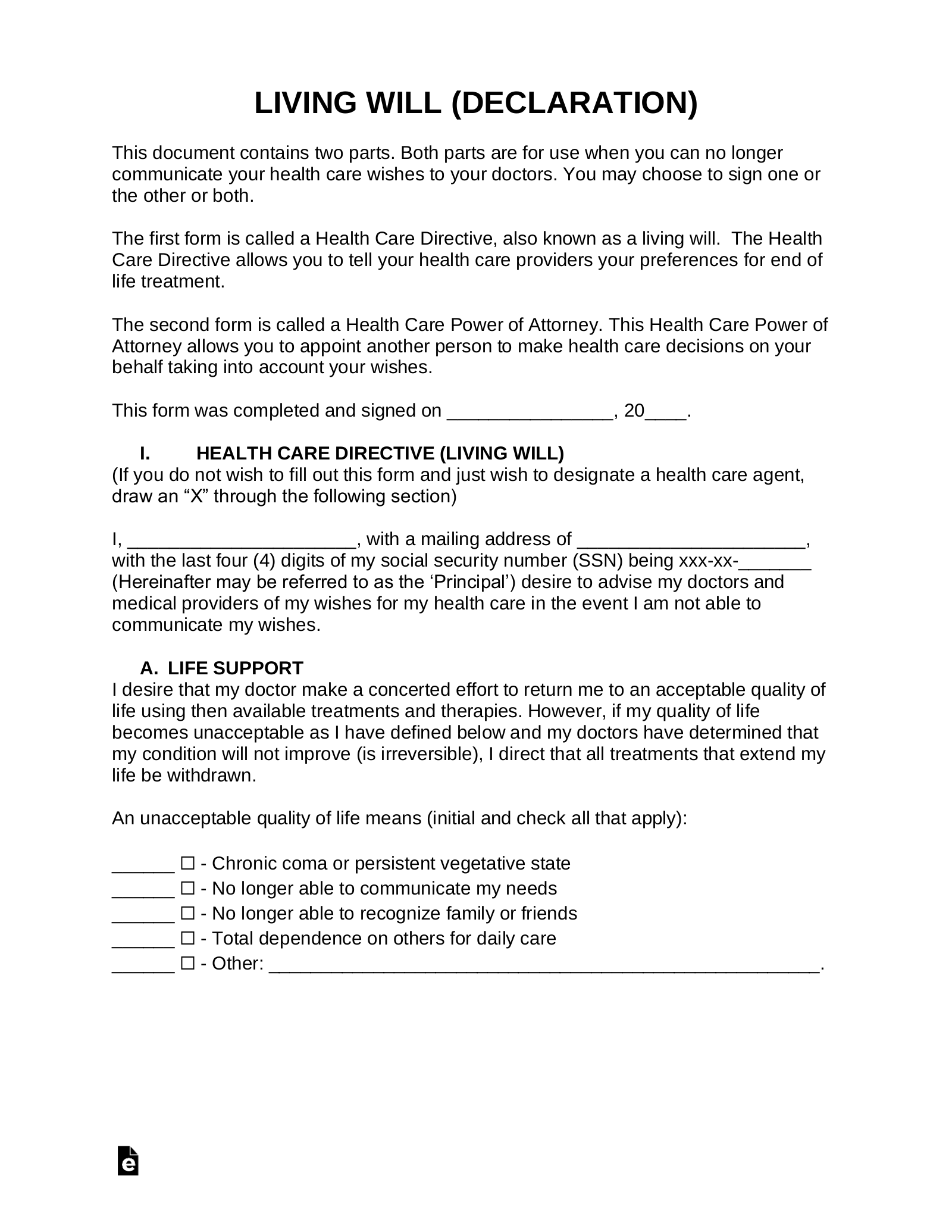 Free Printable Living Will Form Pdf