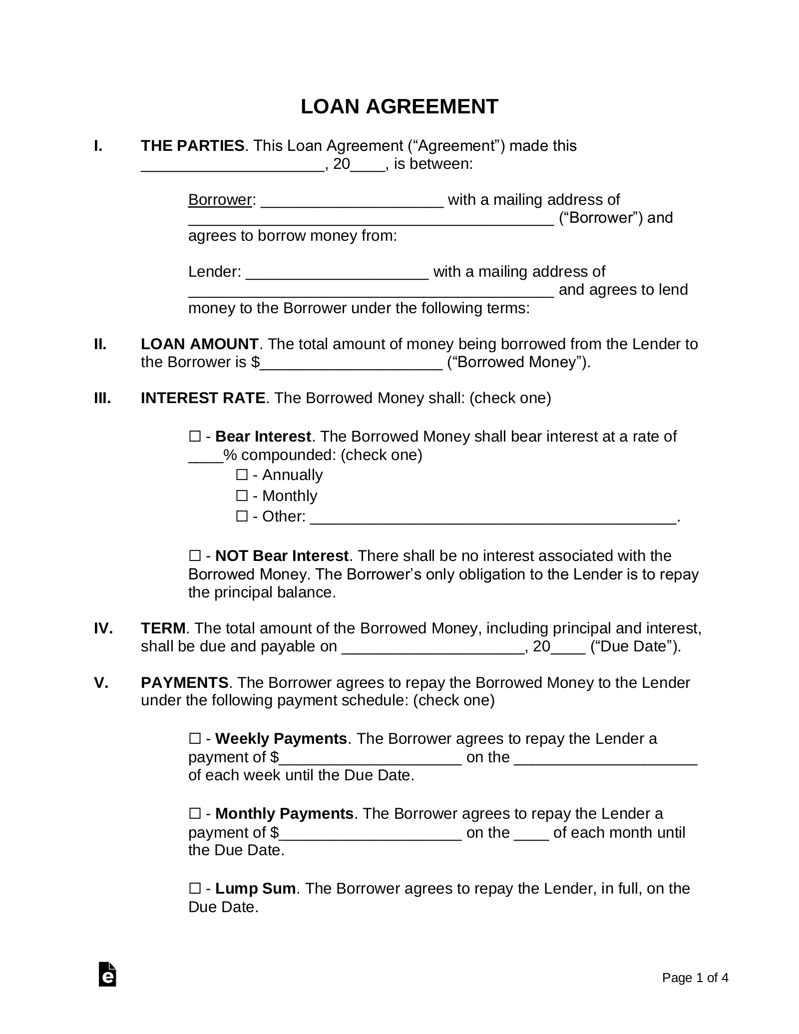 Free Printable Loan Agreement