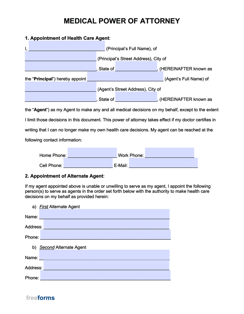 Free Blank Printable Medical Power Of Attorney Forms
