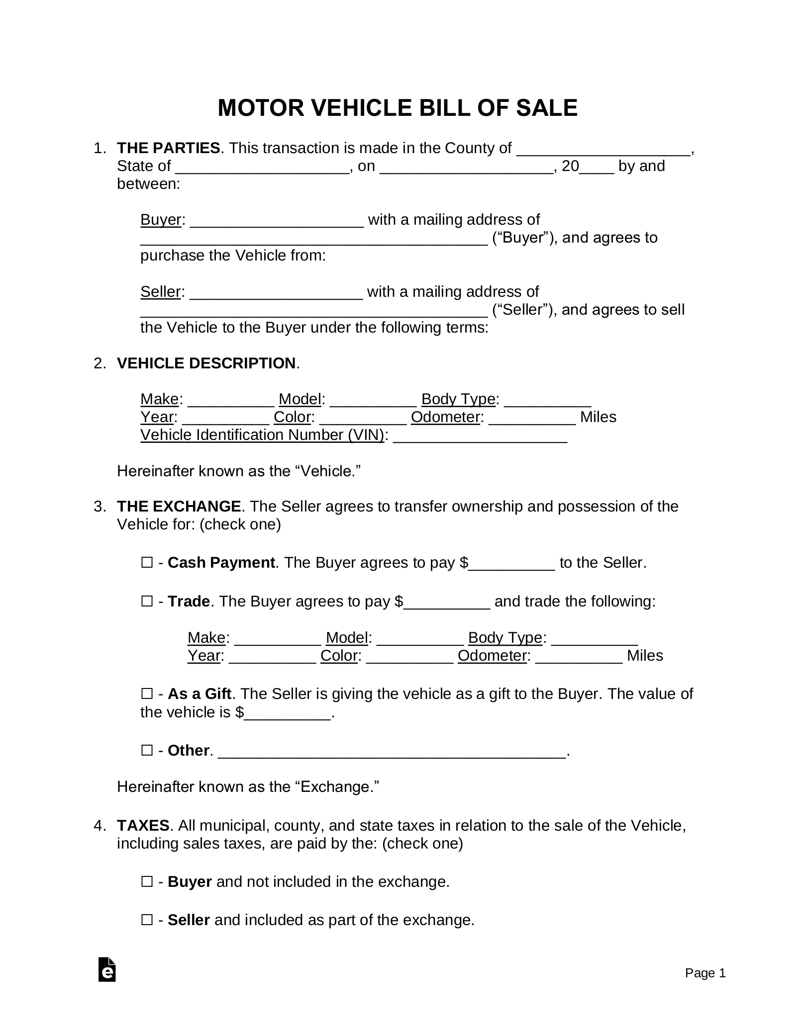 Printable Blank Auto Bill Of Sale