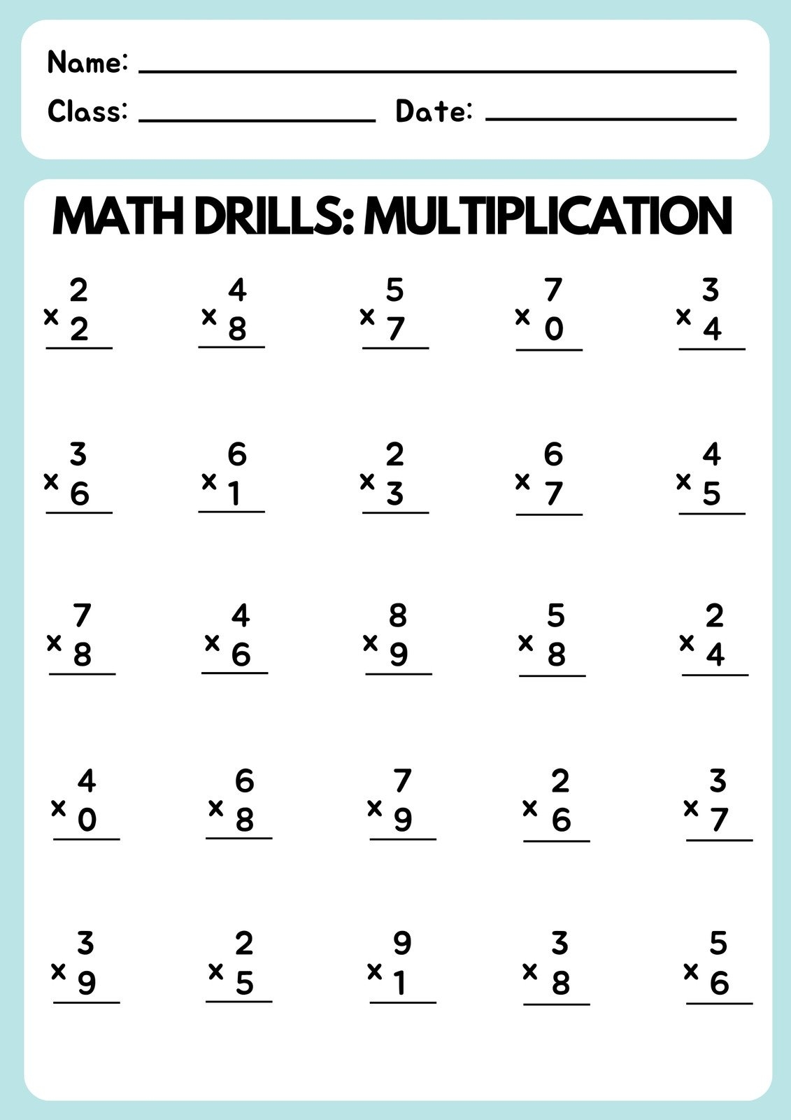 Multiplication Math Worksheets Printable