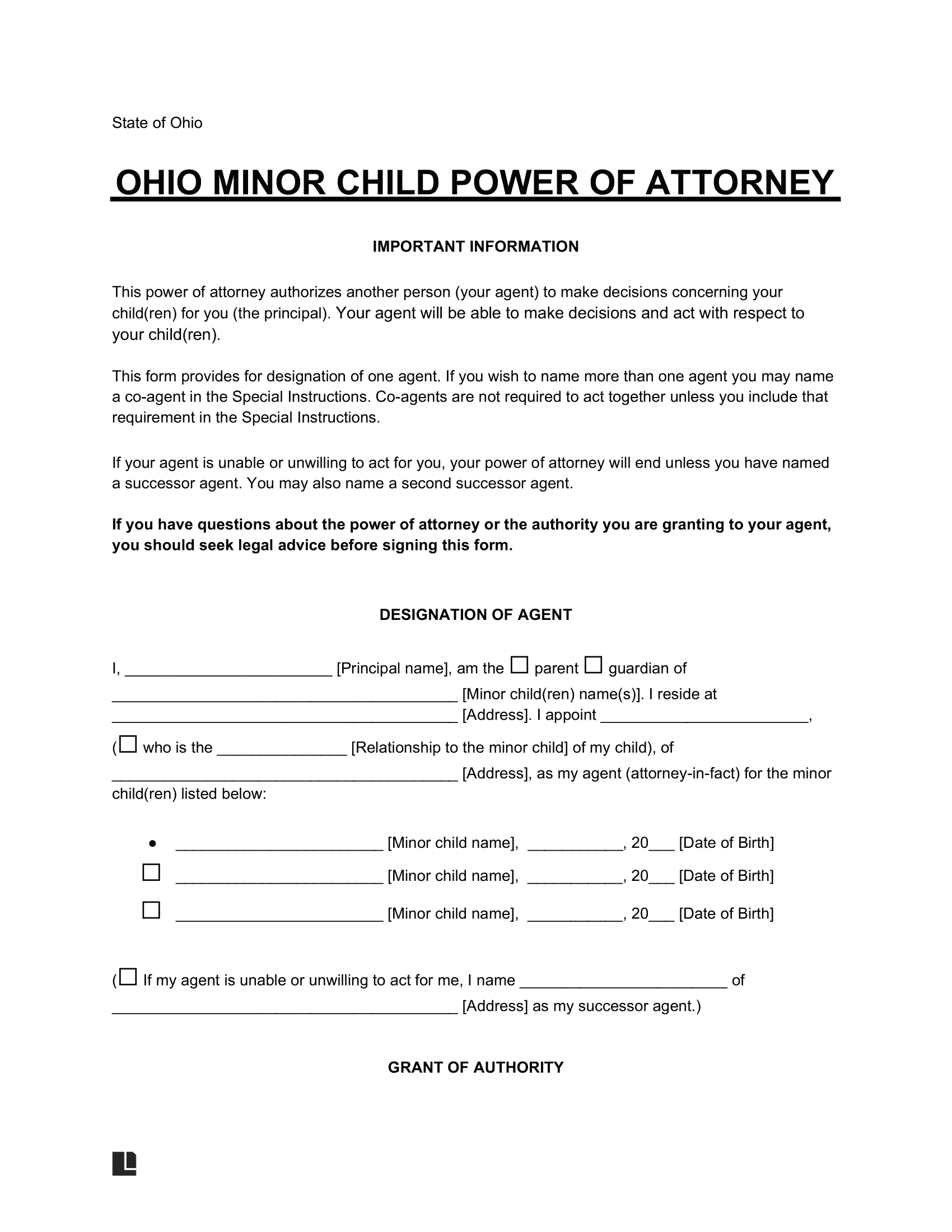 Free Ohio Minor Child Power Of Attorney Form PDF Word