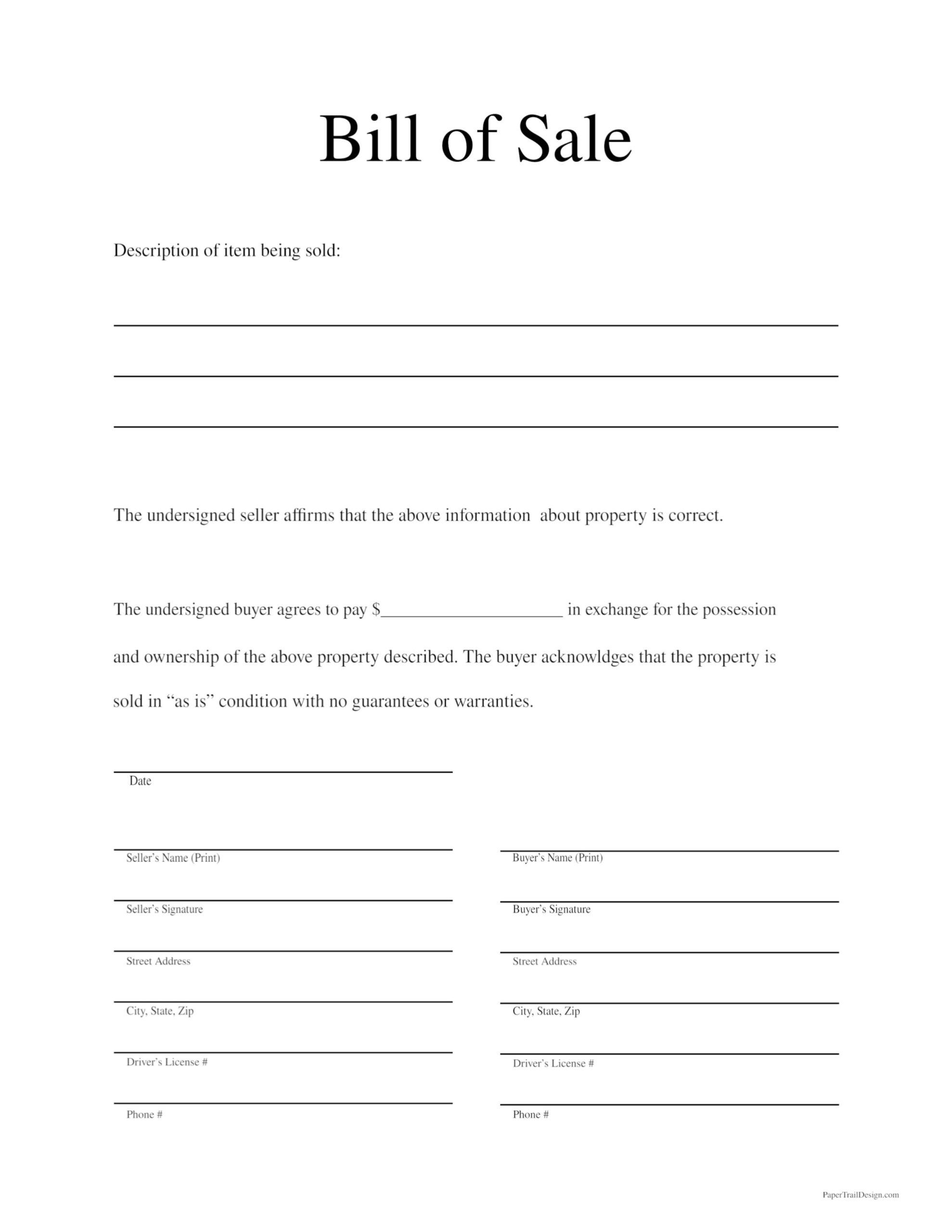 free printable bill of sale form