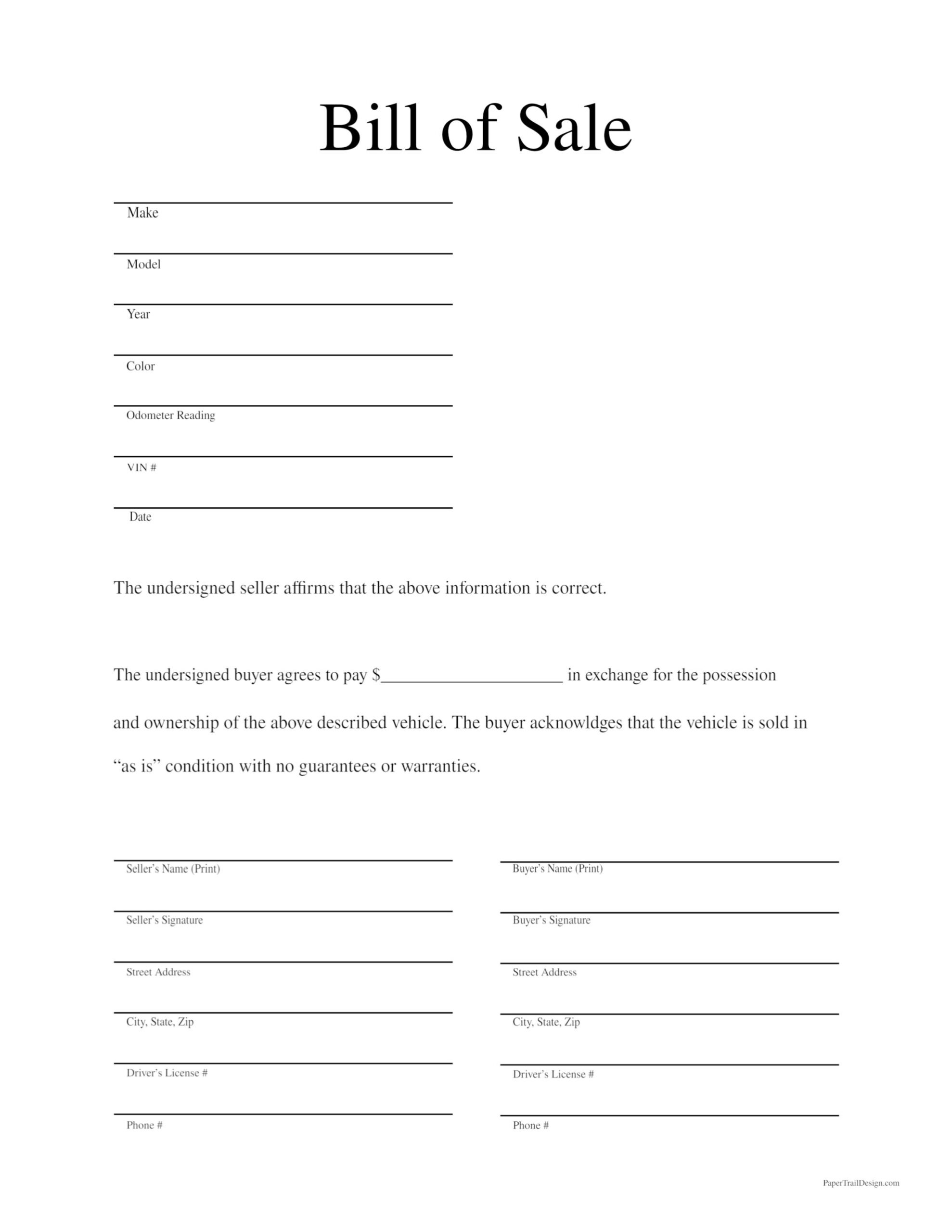 bill of sale printable template