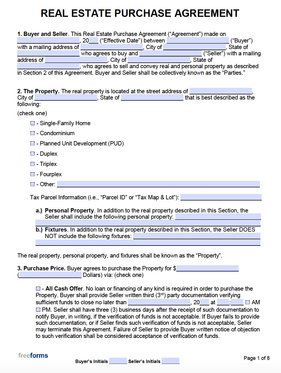 Free Printable Real Estate Purchase Agreement Pdf