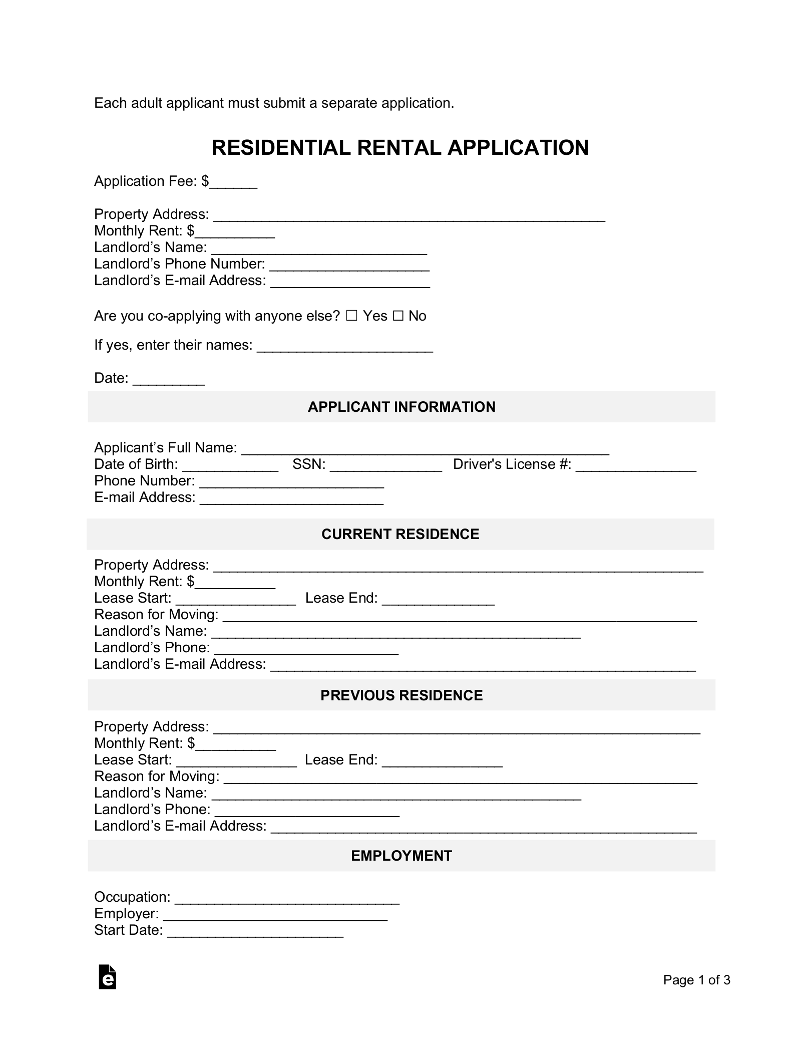 Free Rental Application Printable