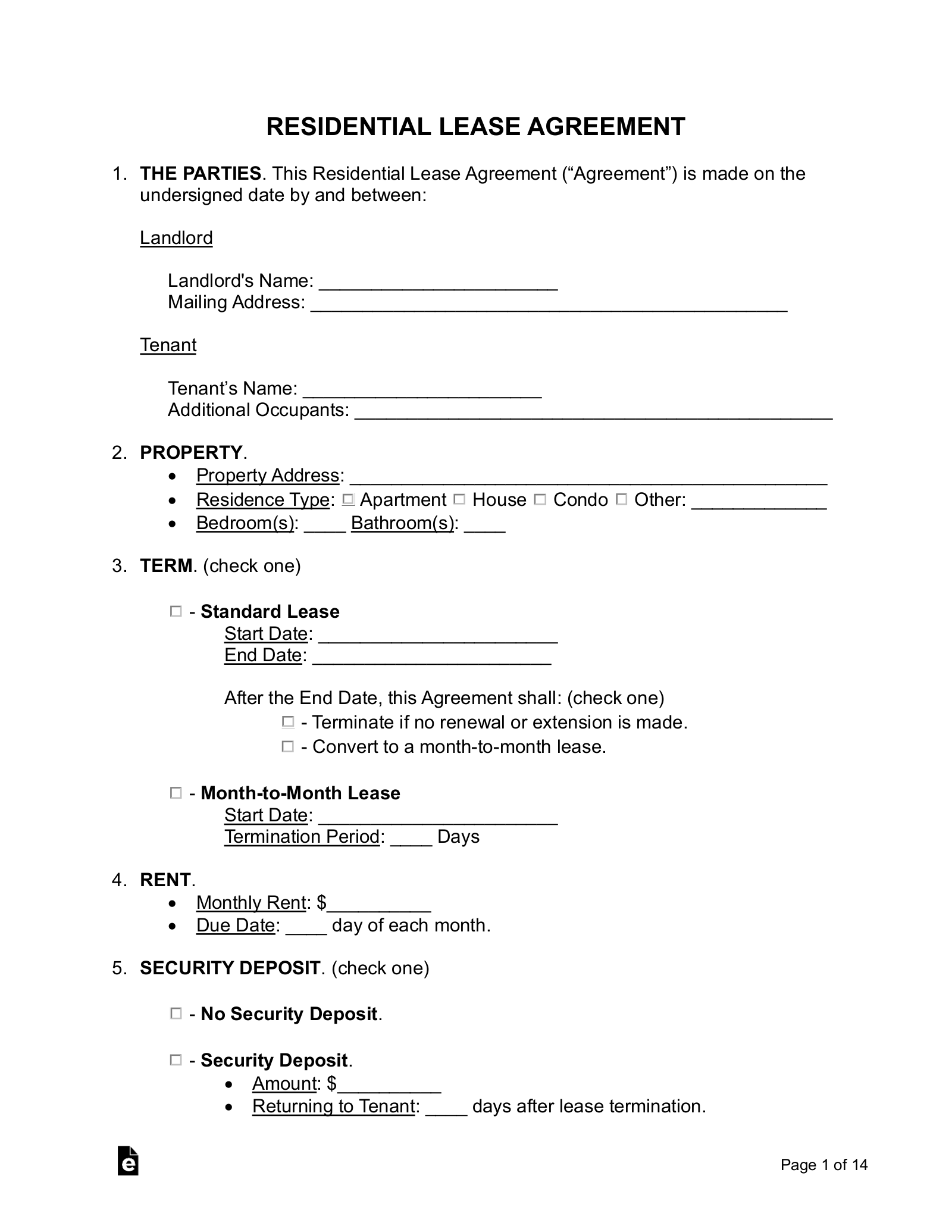 Printable Home Lease Agreement