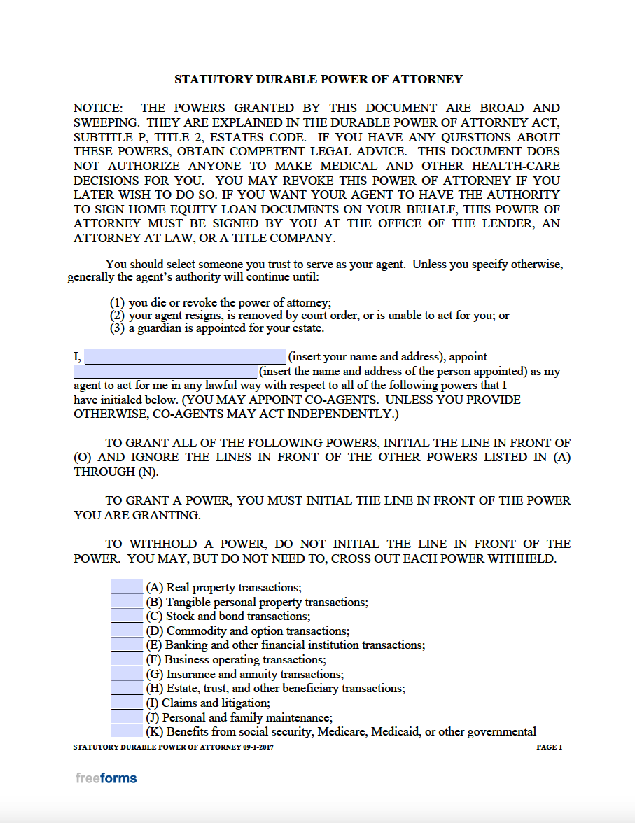 Free Printable Power Of Attorney Form Texas