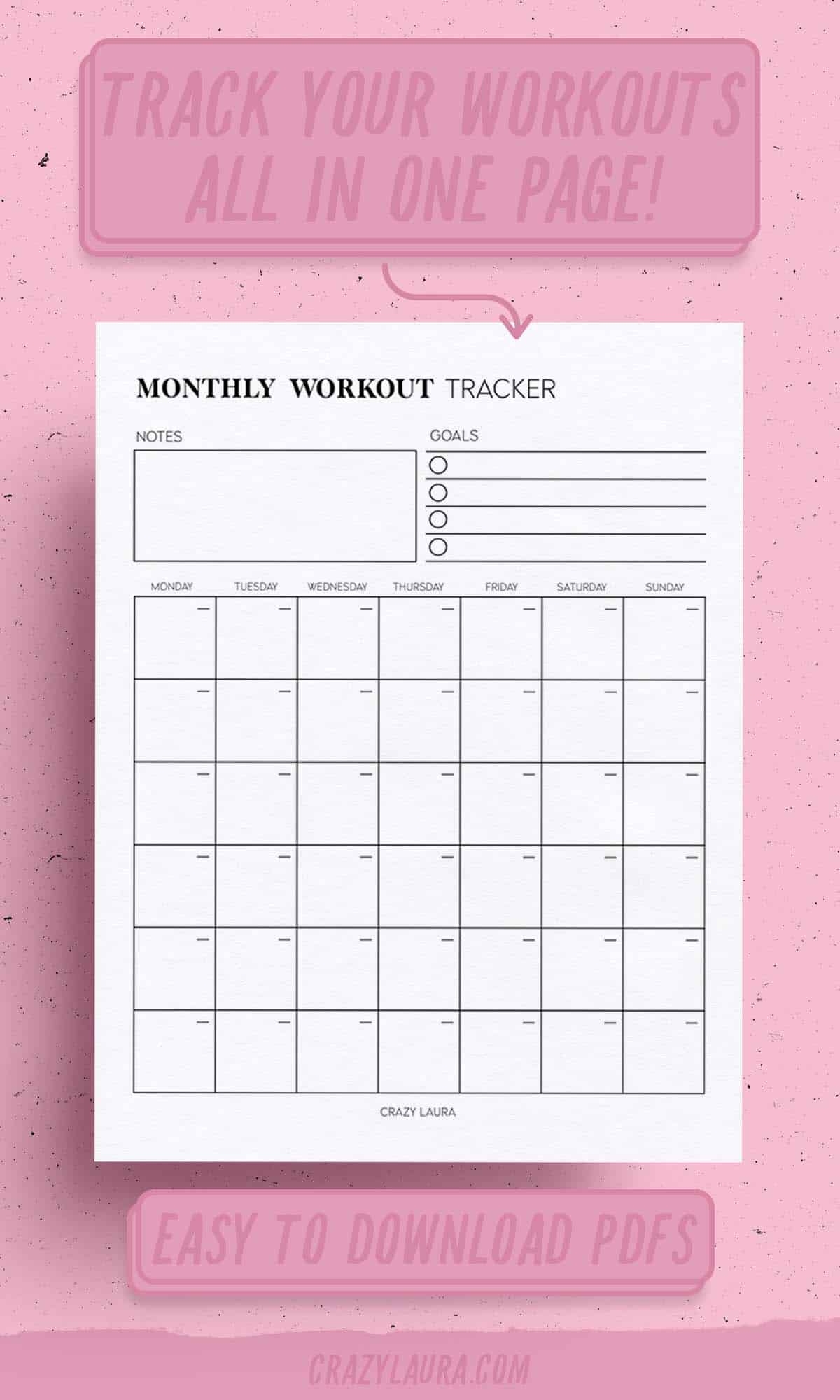 Free Workout Tracker Printable Weekly U0026 Monthly Versions Crazy Laura Worksheets Library