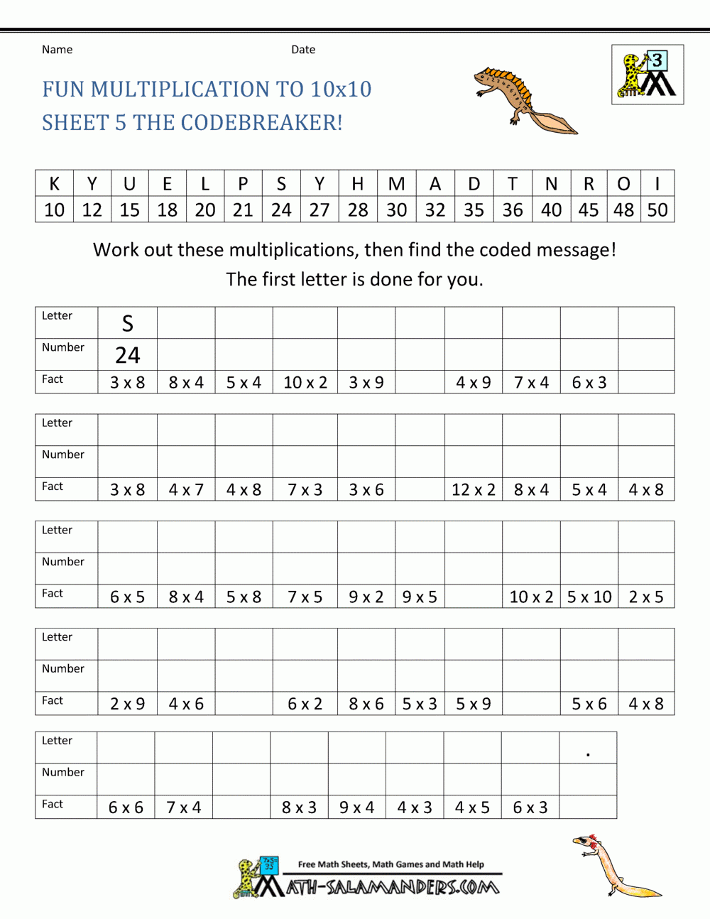 multiplication facts sheet printable
