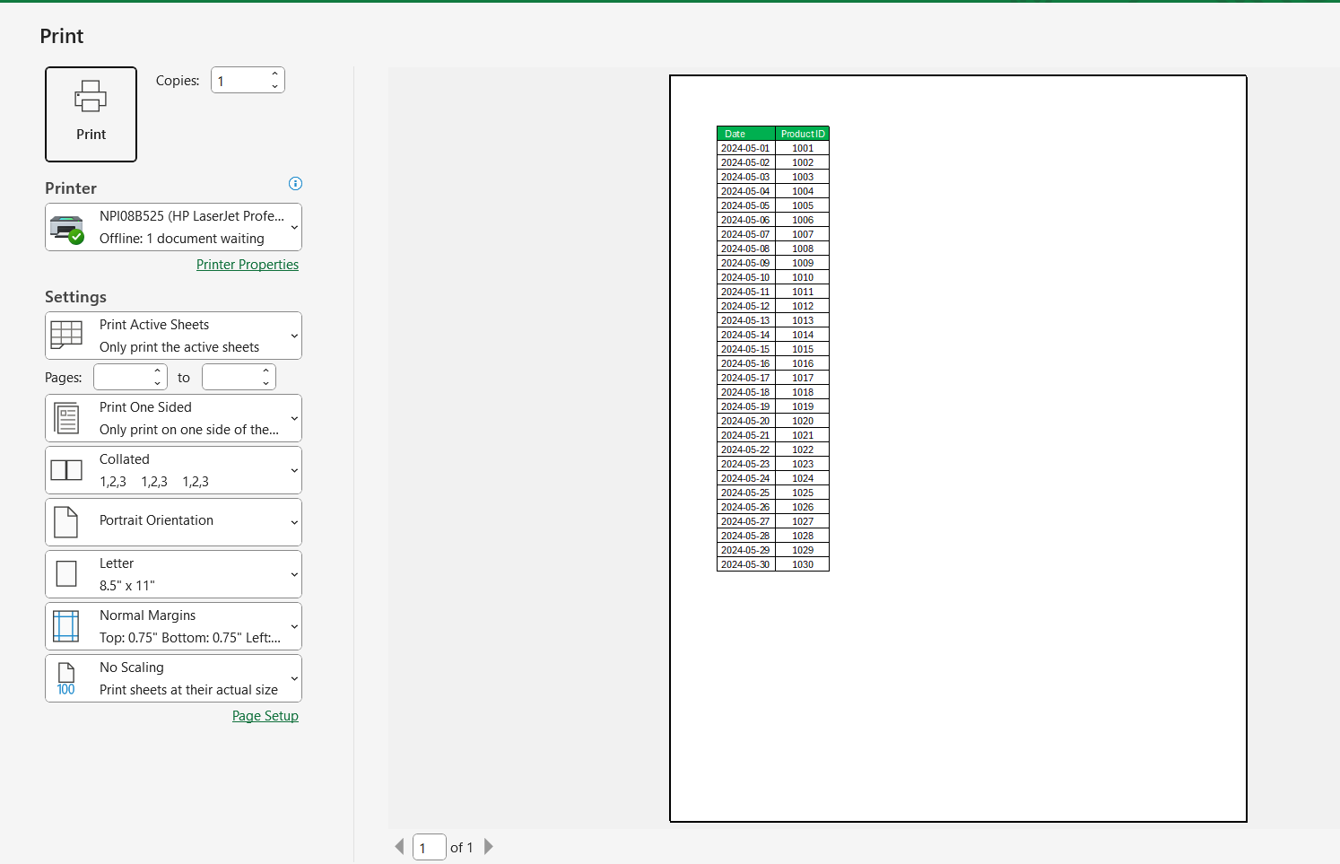 Excel Printable Area