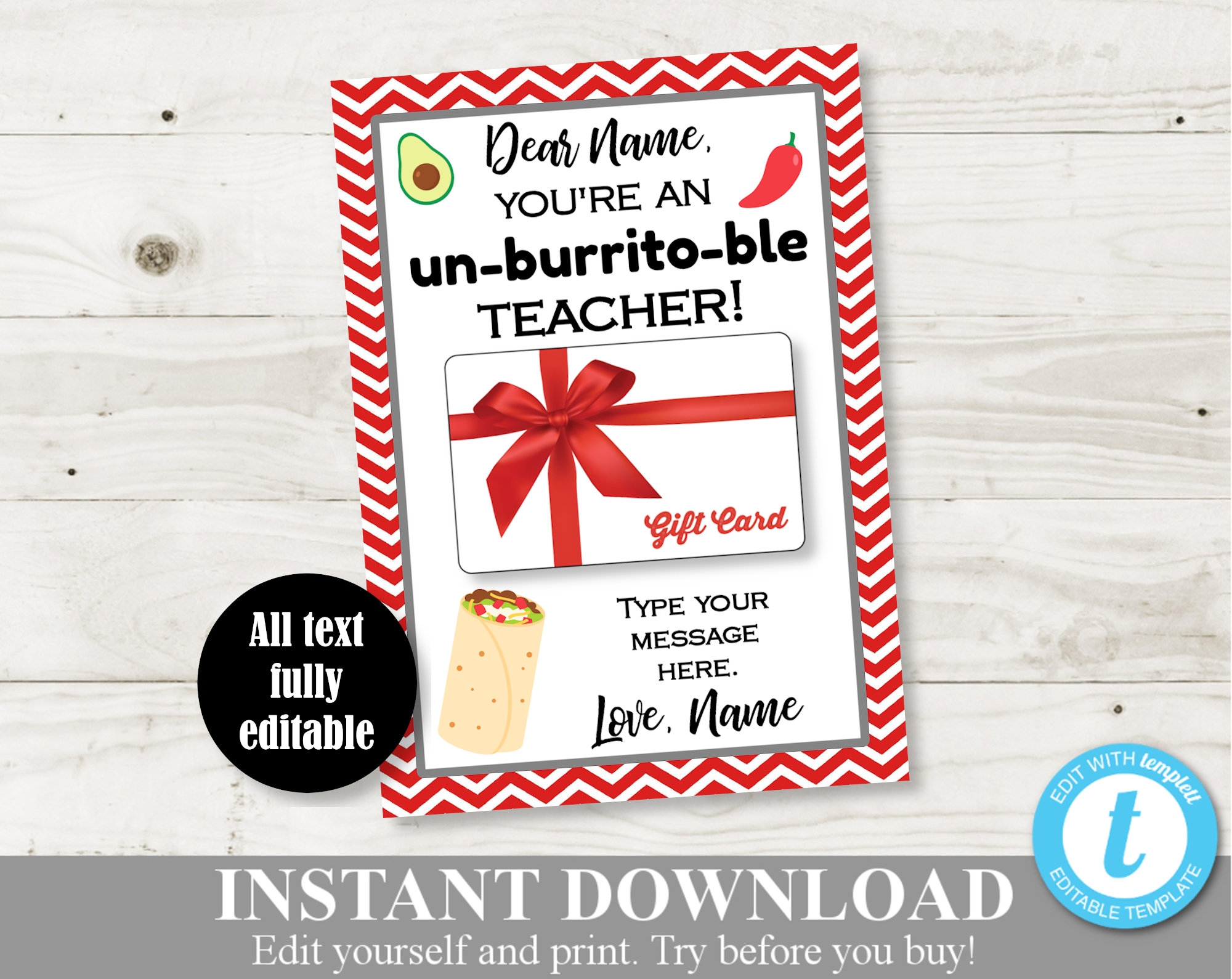 INSTANT DOWNLOAD Editable 5x7 Mexican Restaurant Gift Card Holder Chipotle Rubios Teacher Appreciation End Of School Item 212 Etsy