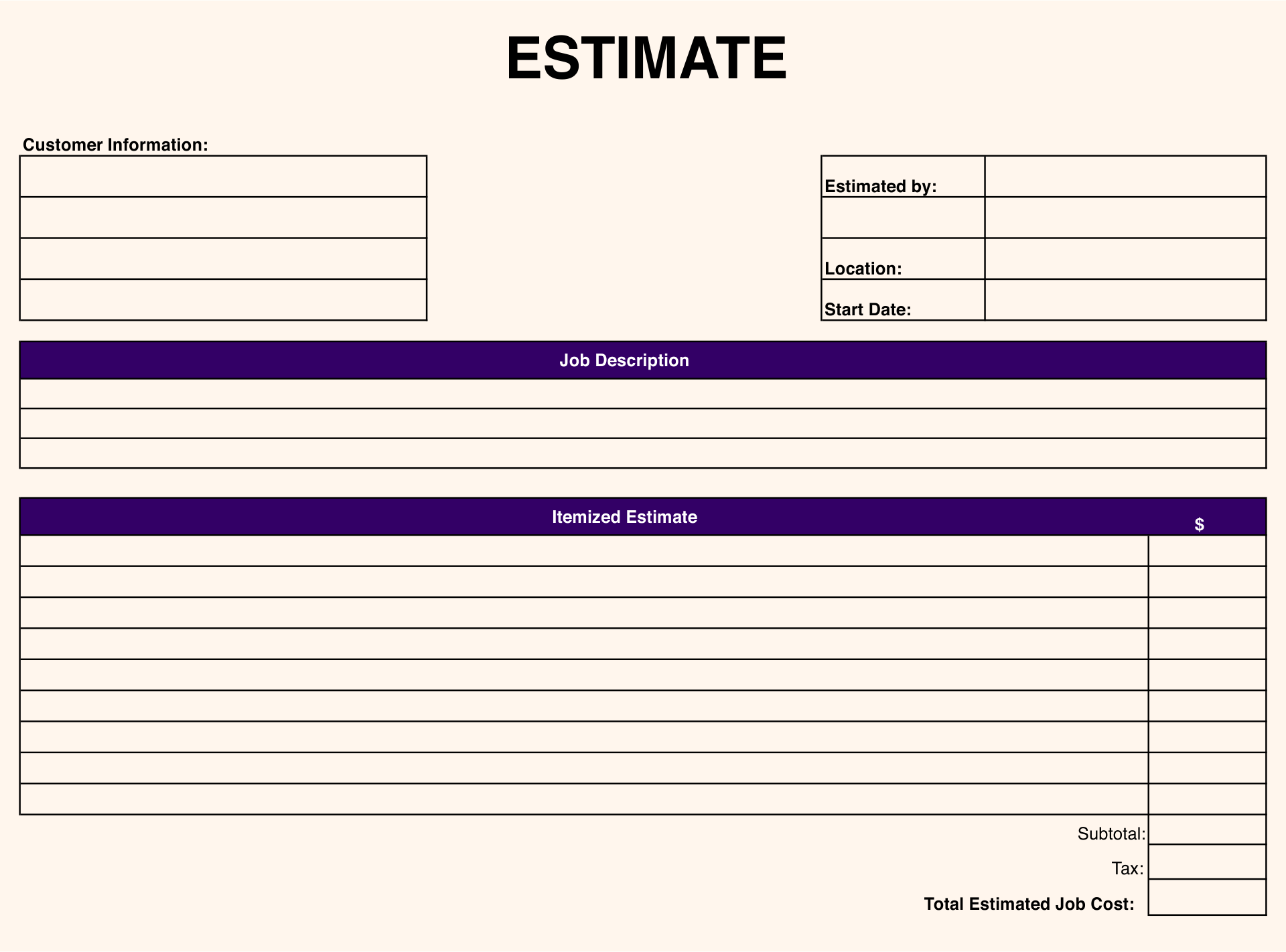 Free Printable Estimate Templates