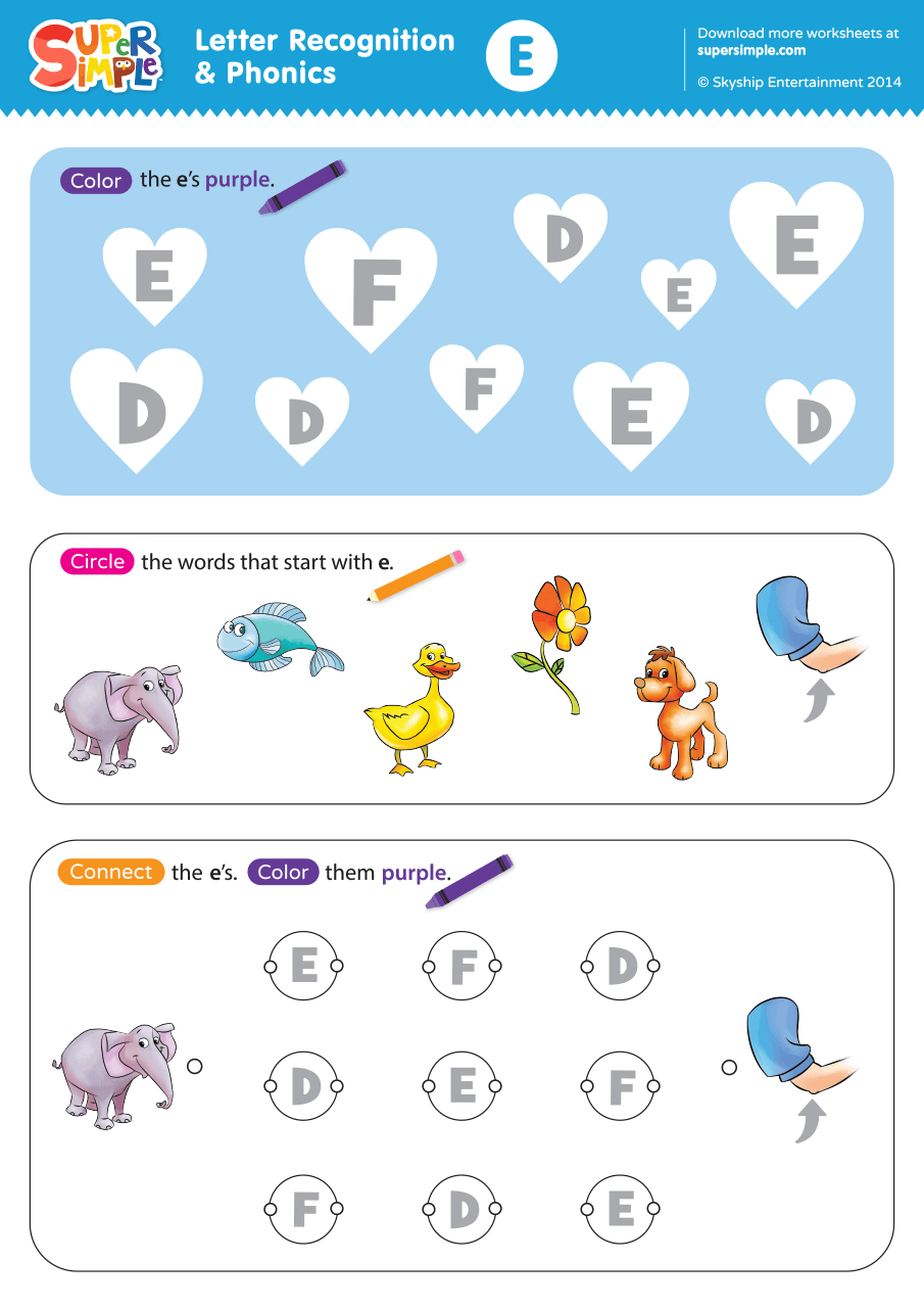 Letter Recognition U0026 Phonics Worksheet E Uppercase Super Simple