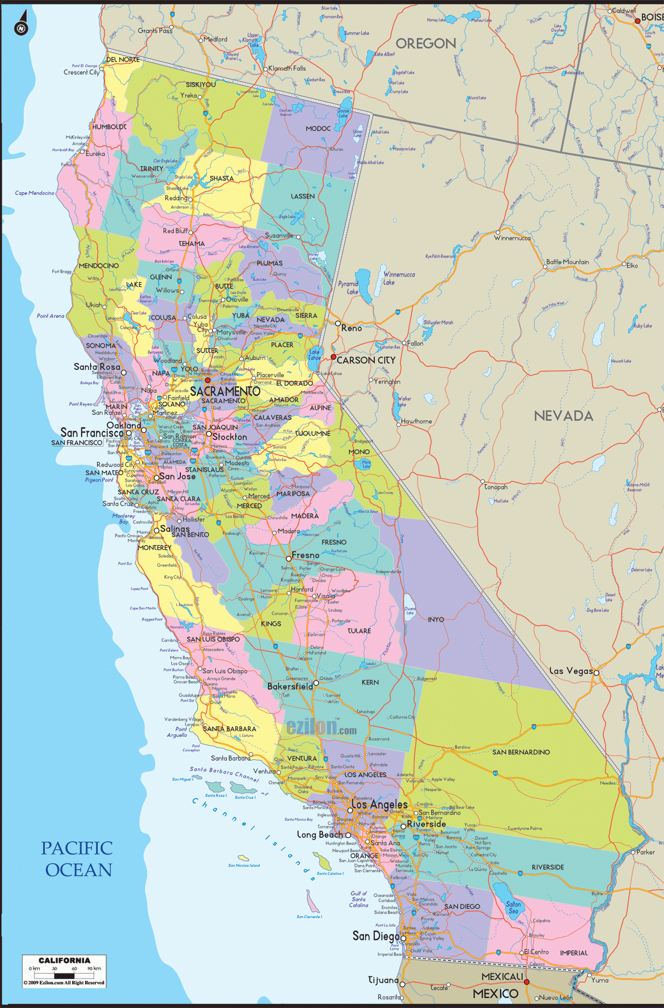 Map Of California California Map With Cities Counties And Roads Network Ezilon Maps