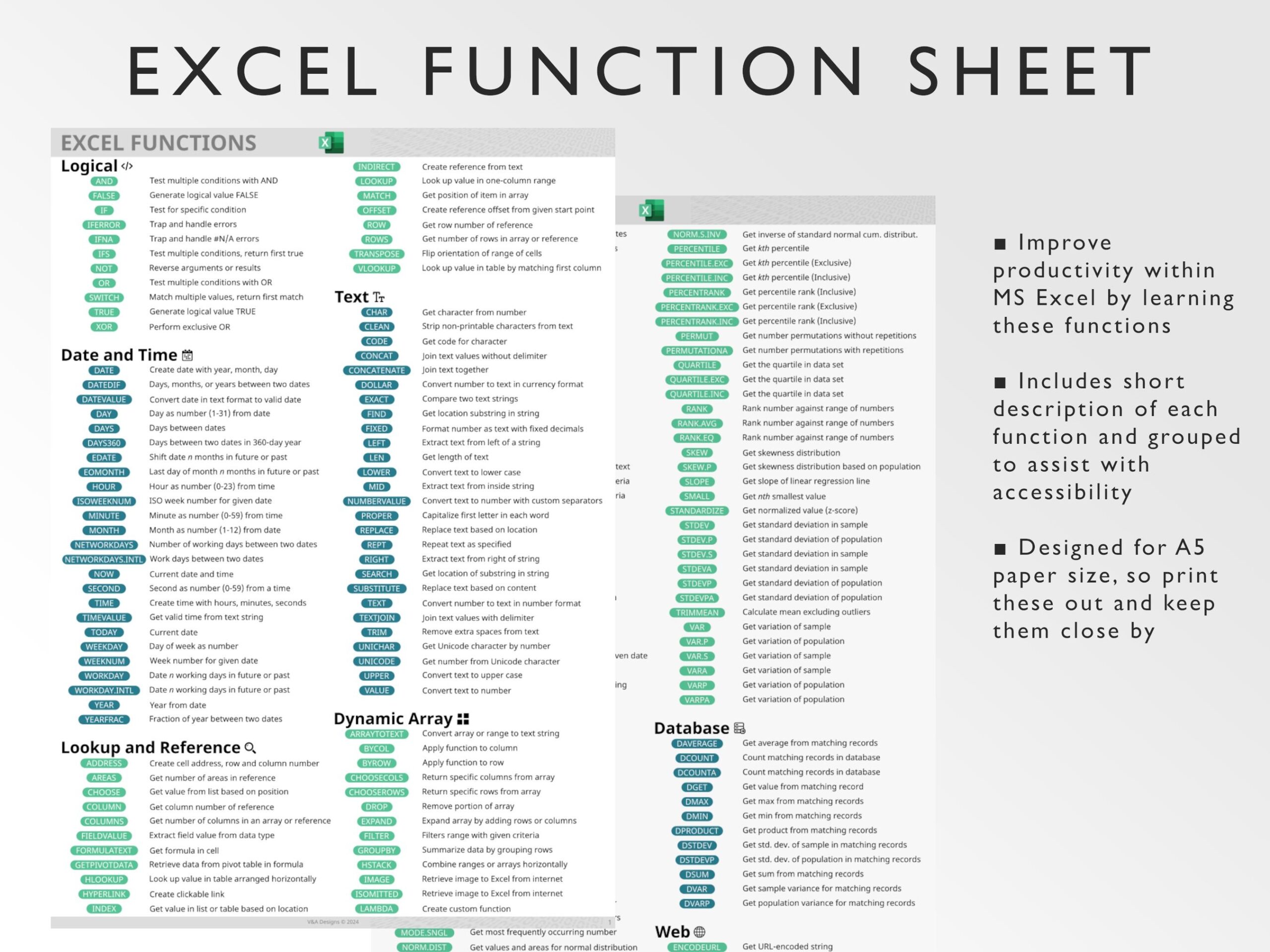 Microsoft Excel Functions Printable Excel Cheat Sheet Workbook Productivity Excel Formulas Windows Mac Excel Ninja Green Etsy Hong Kong