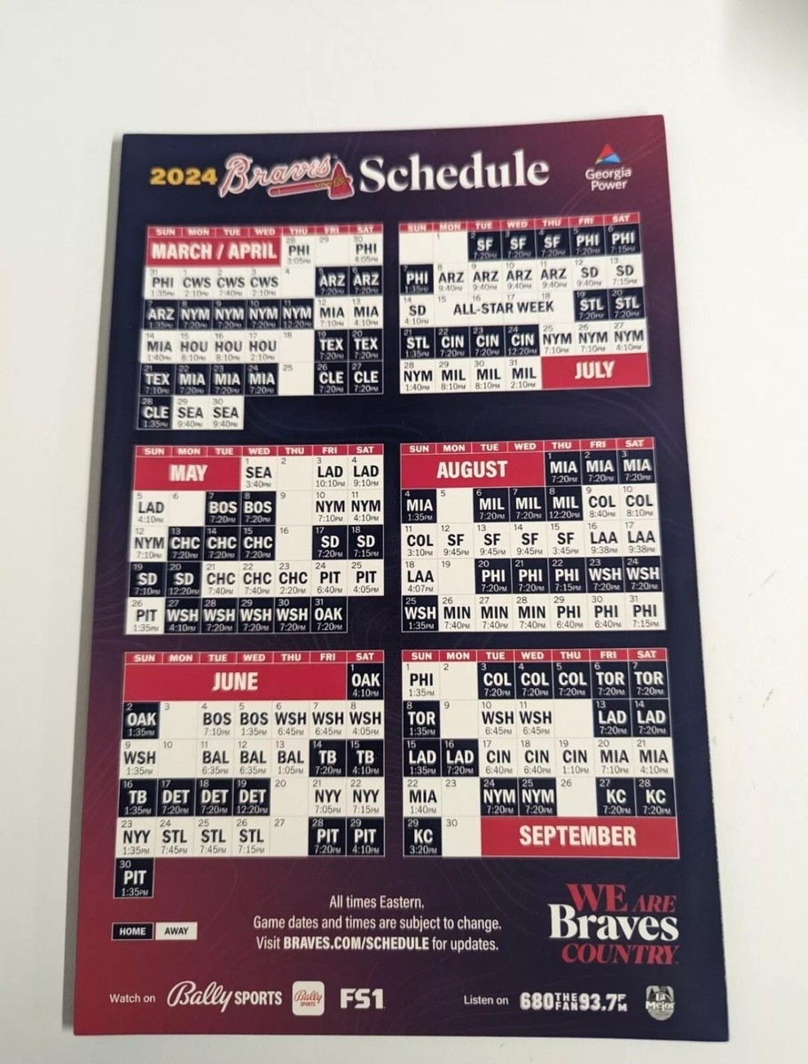 MLB ATLANTA BRAVES 2024 MAGNET SCHEDULE New Ready To Ship