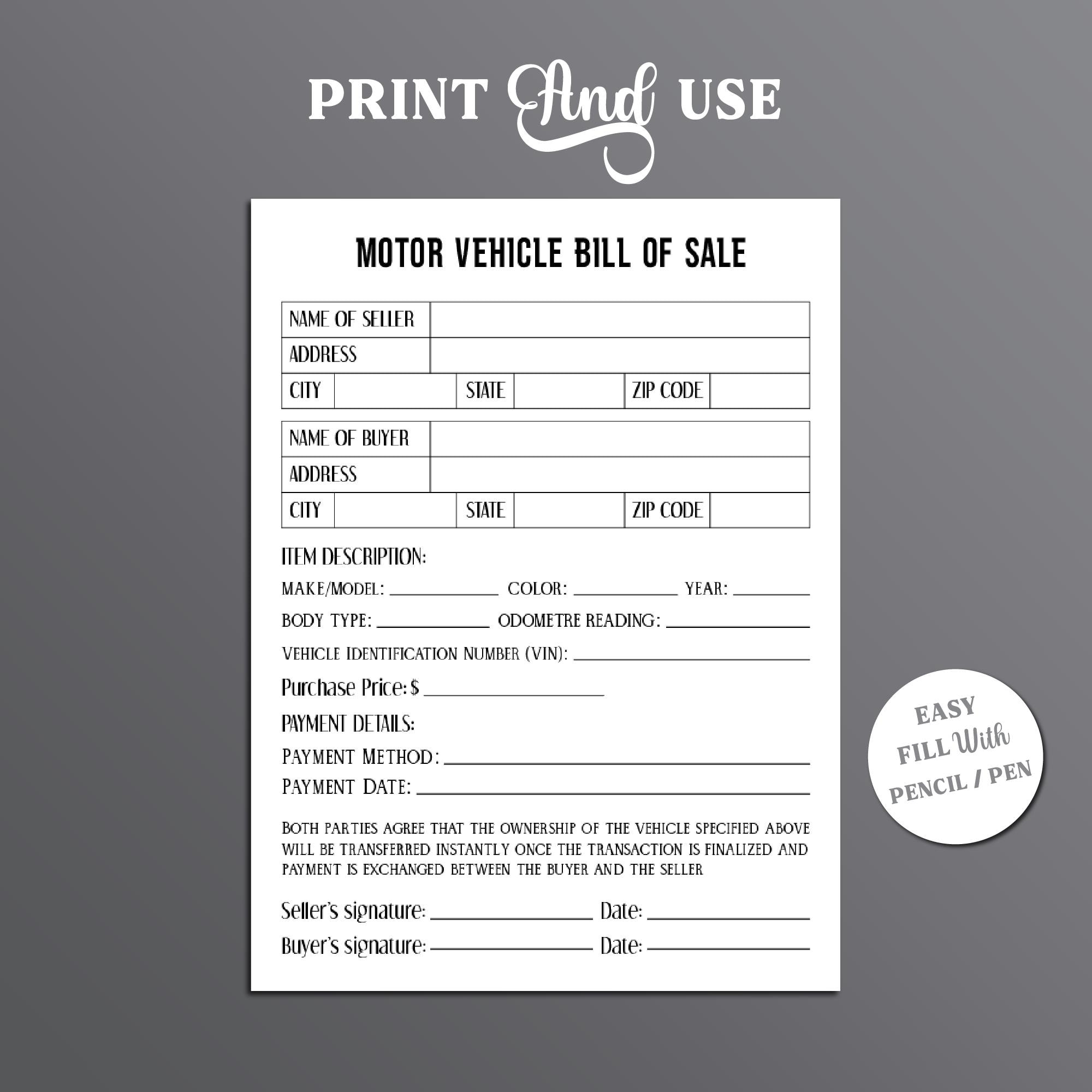 Motor Vehicle Bill Of Sale Printable Vehicle Bill Of Sale Template Auto Bill Of Sale PDF Template Printable Motor Vehicle Sale Contract Etsy Ireland
