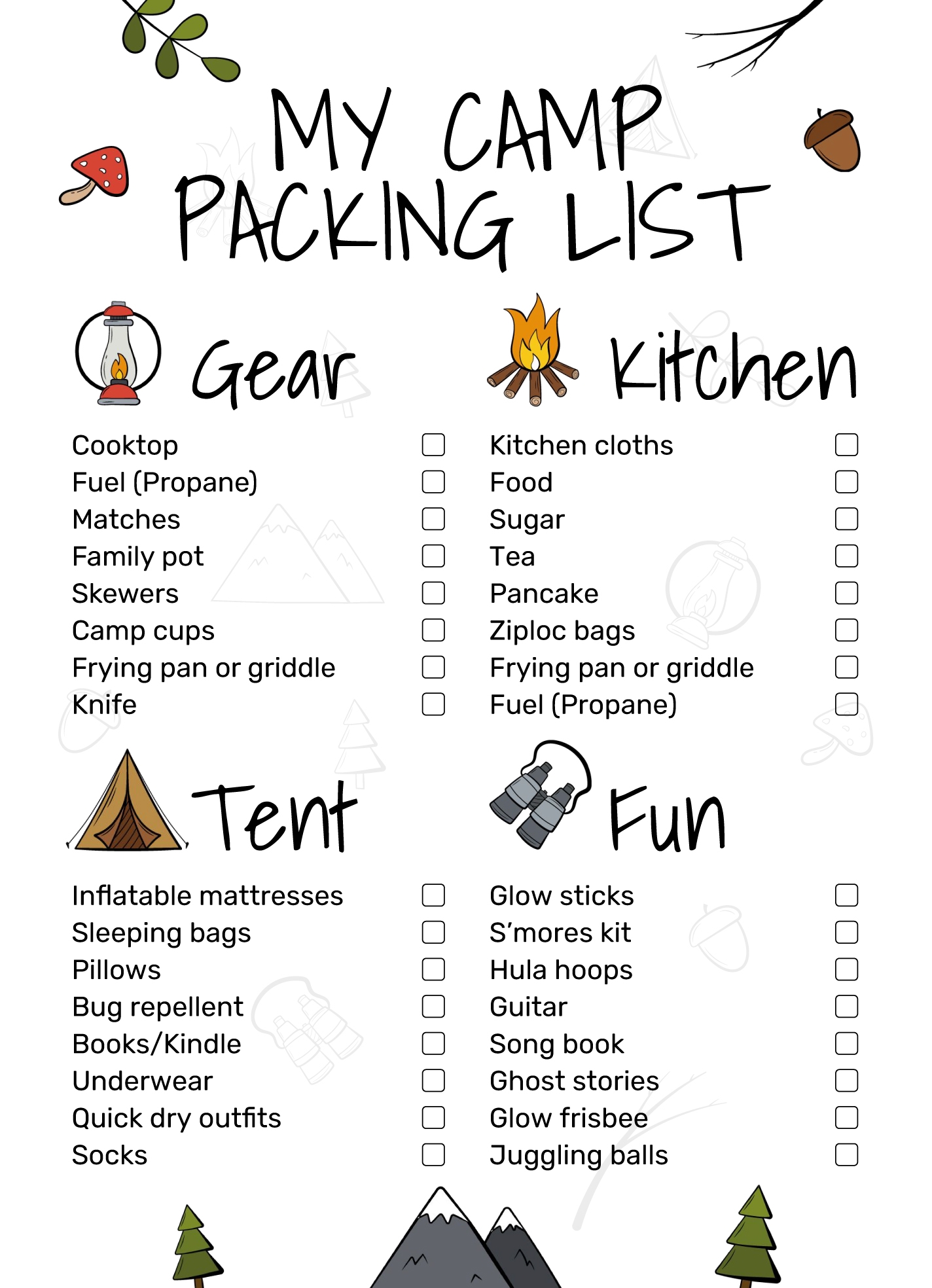 camping packing list printable