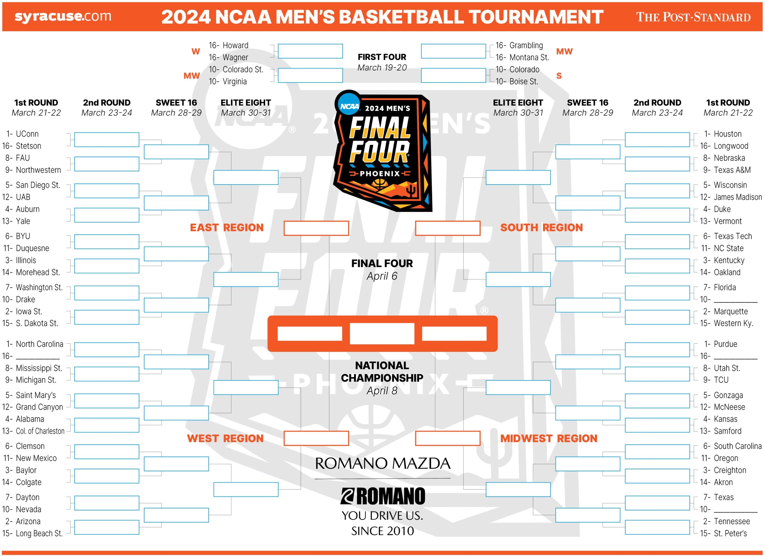 NCAA Bracket 2024 Tournament Field Set Print Your Men s 