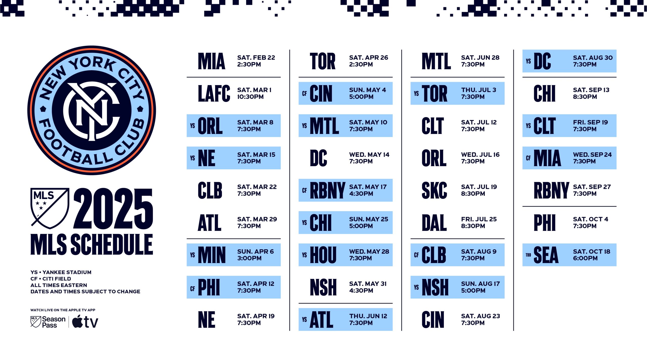 New York City FC Announce 2025 MLS Regular Season Schedule New 