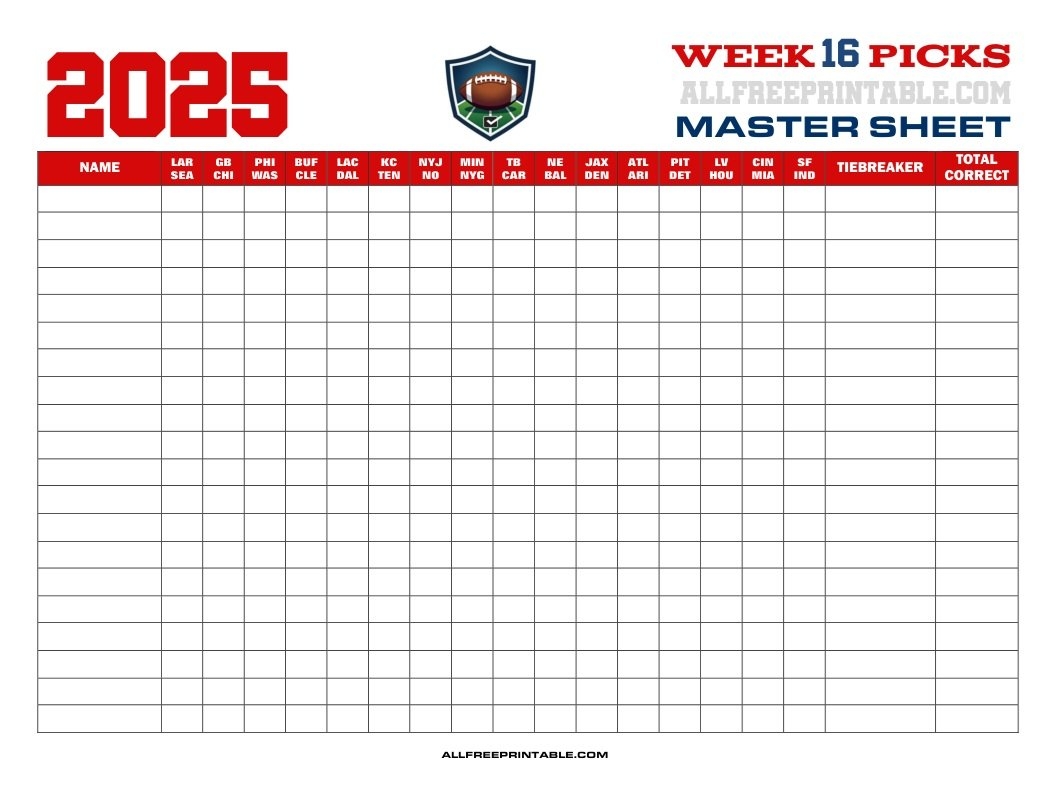 Week 16 Printable Nfl Schedule