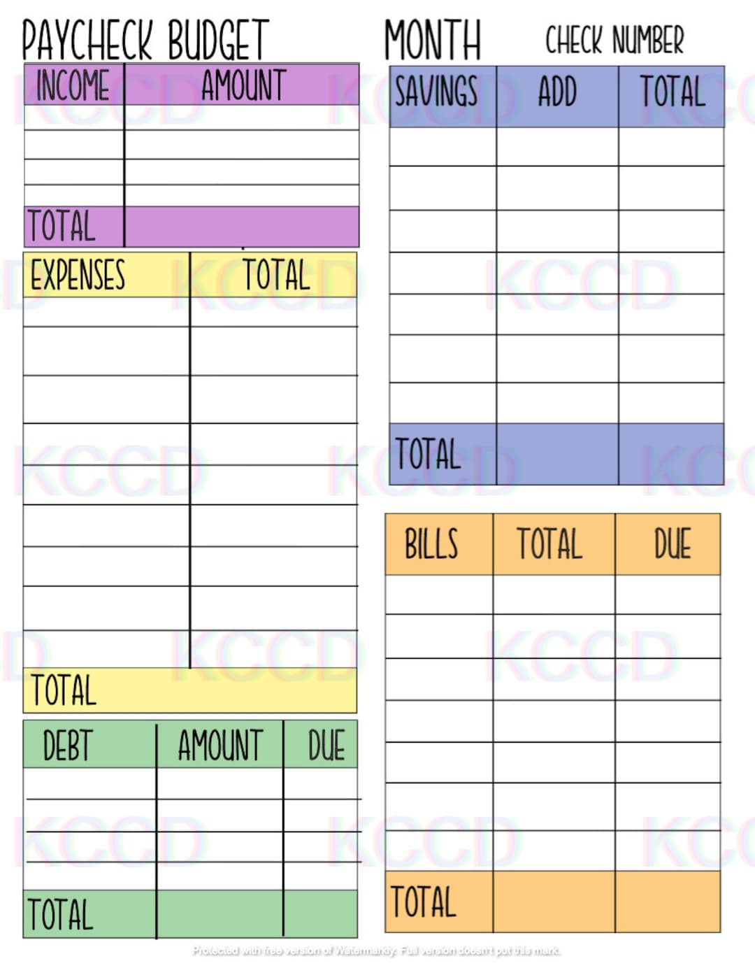 Paycheck Budget Sheet Printable Digital PDF Template PNG Template US Letter Instant Download Personal Budget Etsy
