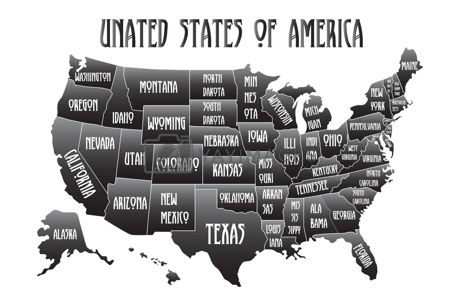 Poster Map Of United States Of America With State Names Black And 