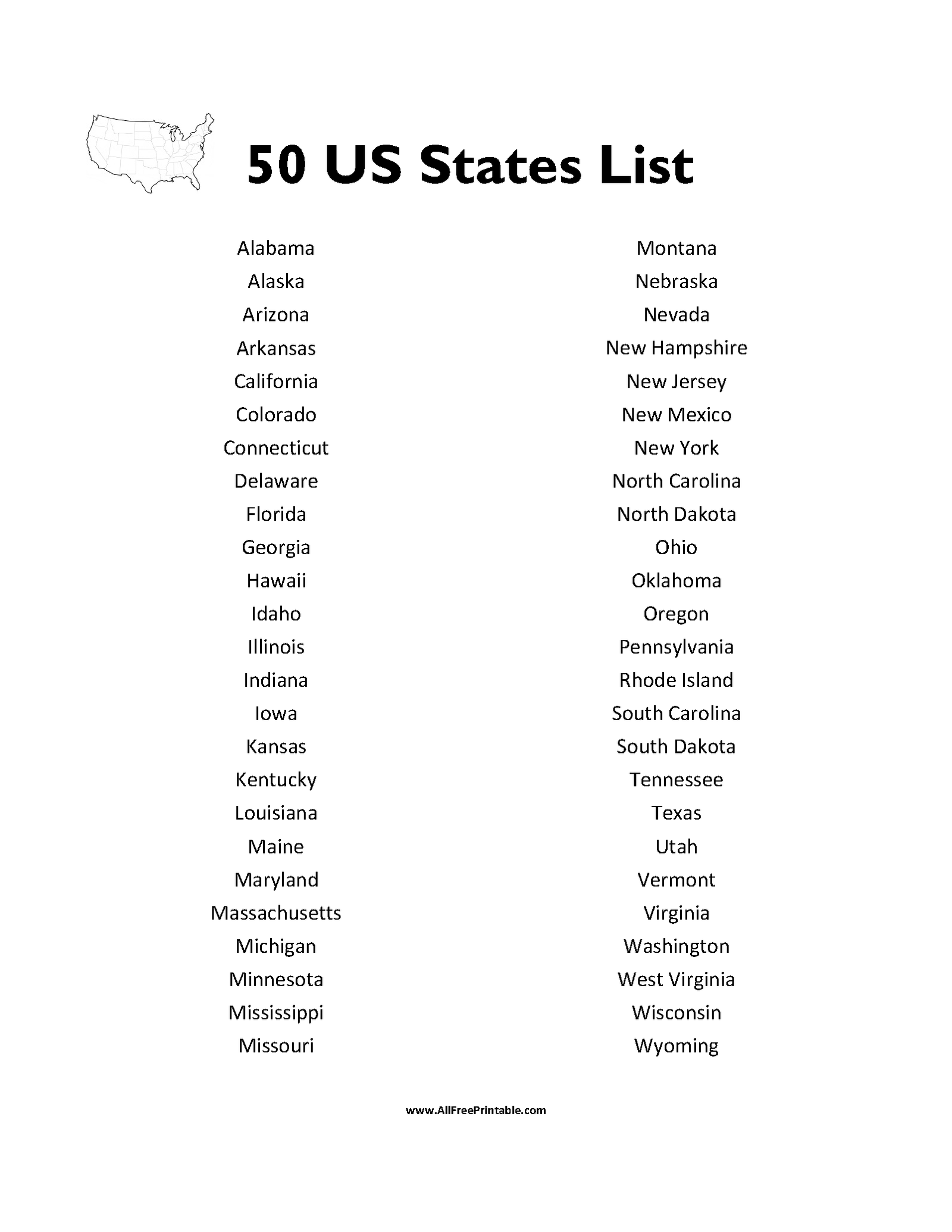List Of Us States Printable