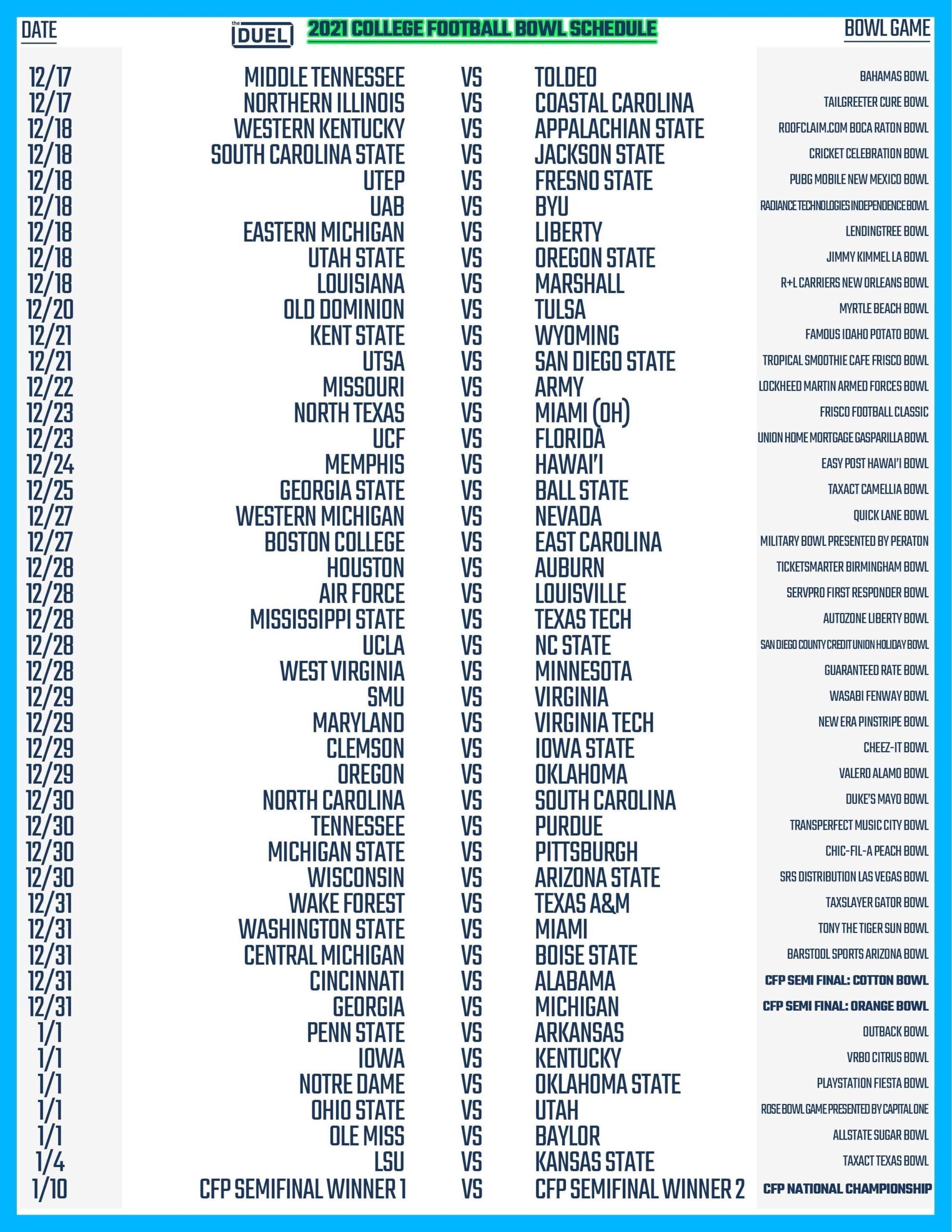 Printable 2021 College Football Bowl Schedule FanDuel Research