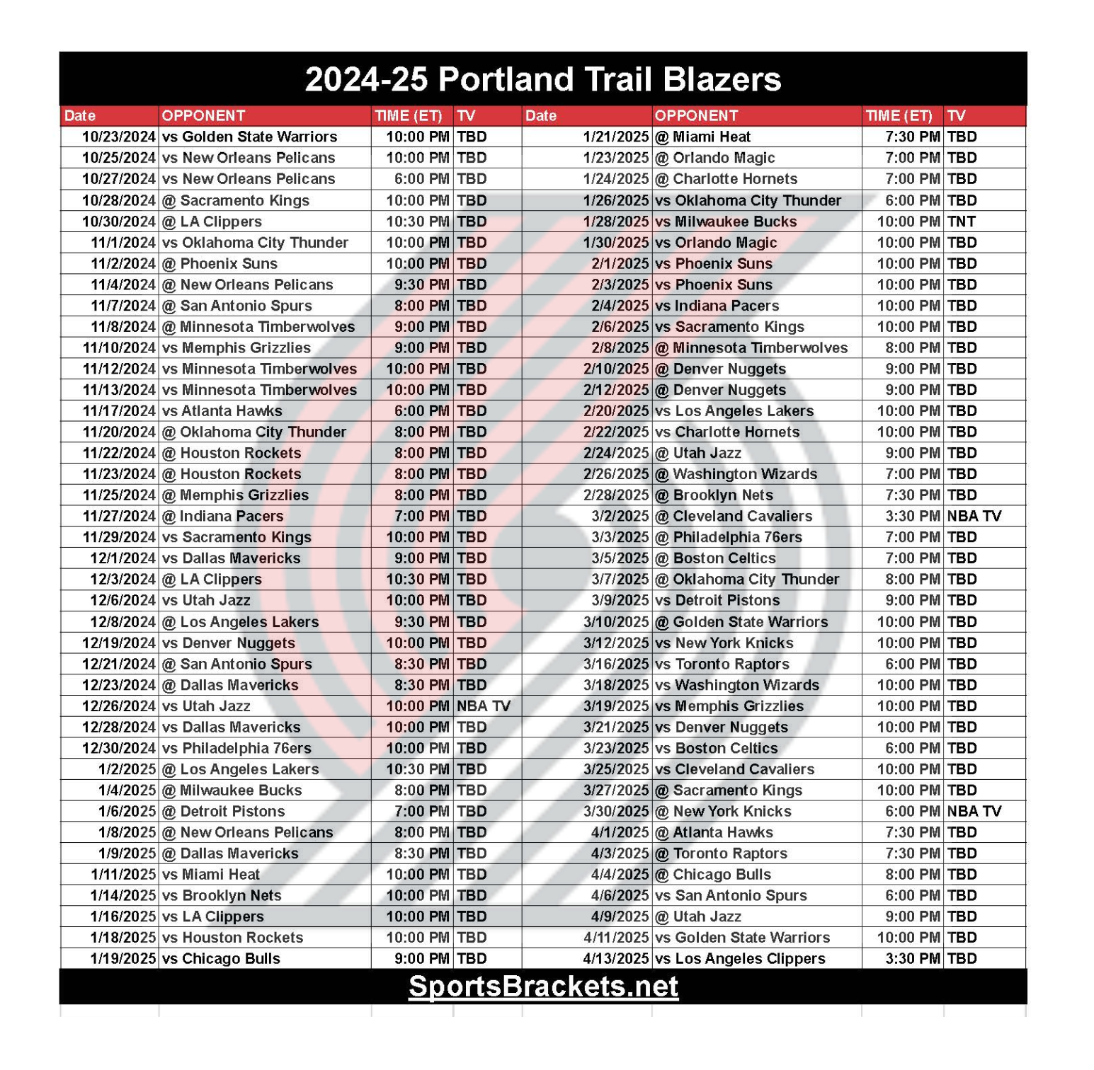 Printable 2024 25 Portland Trail Blazers Schedule TV Broadcasts And Matchups Sports Brackets