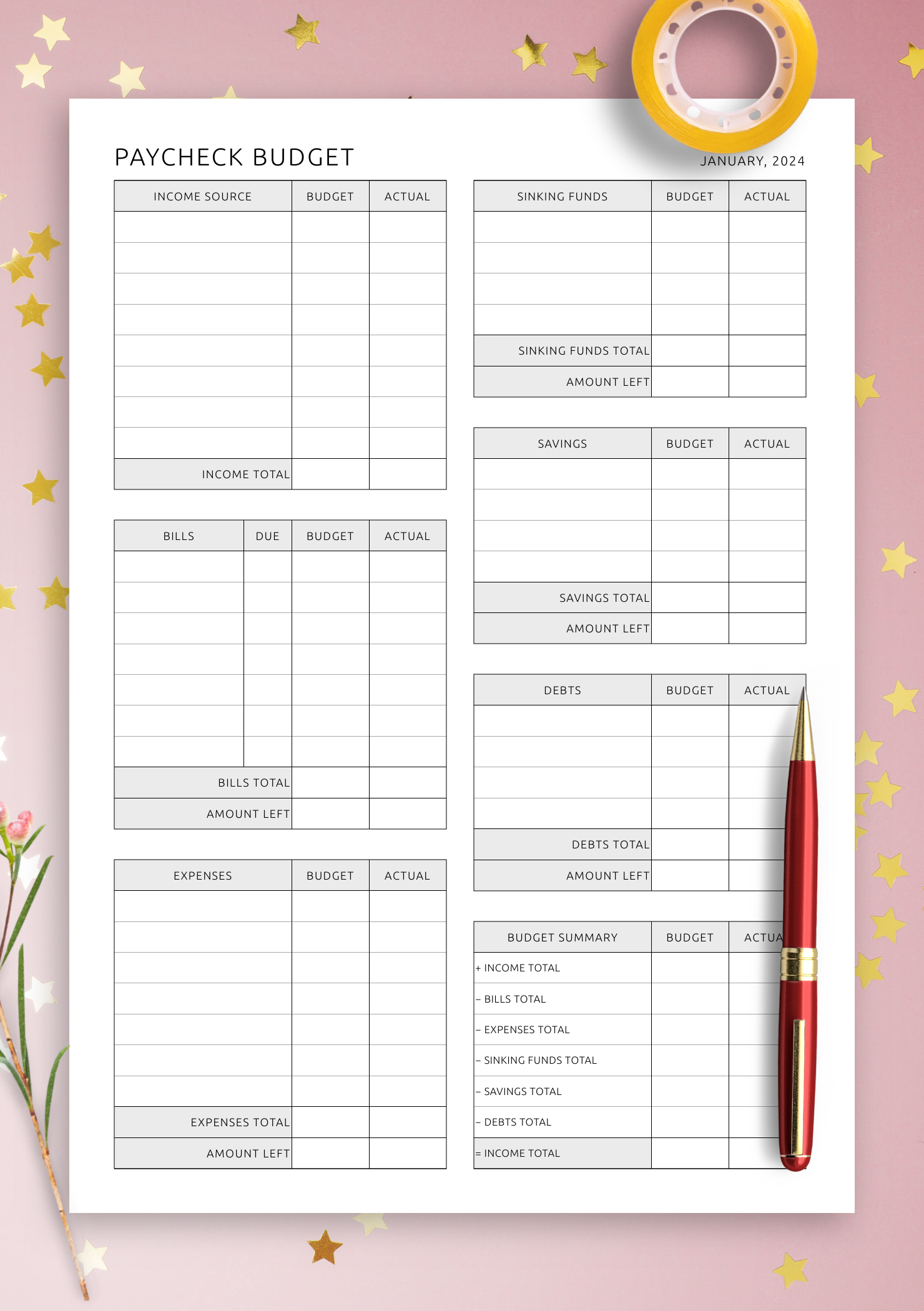 Printable Paycheck Budget
