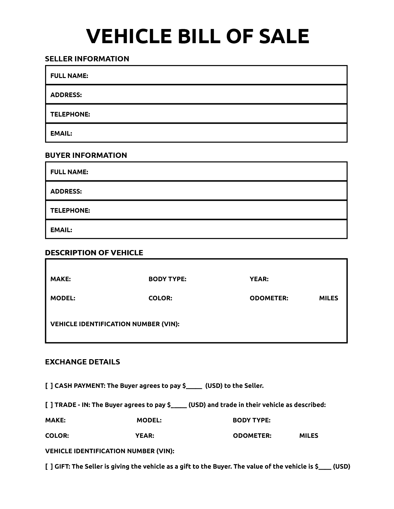 Printable Free Vehicle Bill Of Sale