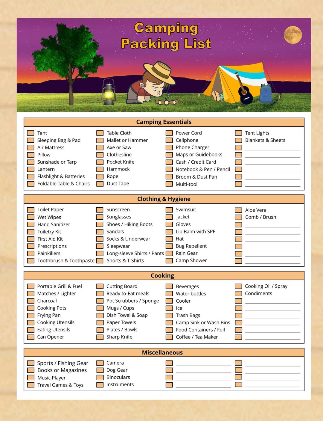 Printable Camping Packing Checklist Camping Trip List Instant Download PDF Etsy