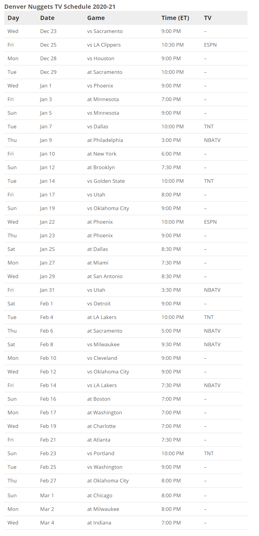 Printable Denver Nuggets Schedule And TV Schedule For 2020 21 NBA Season Printerfriendly